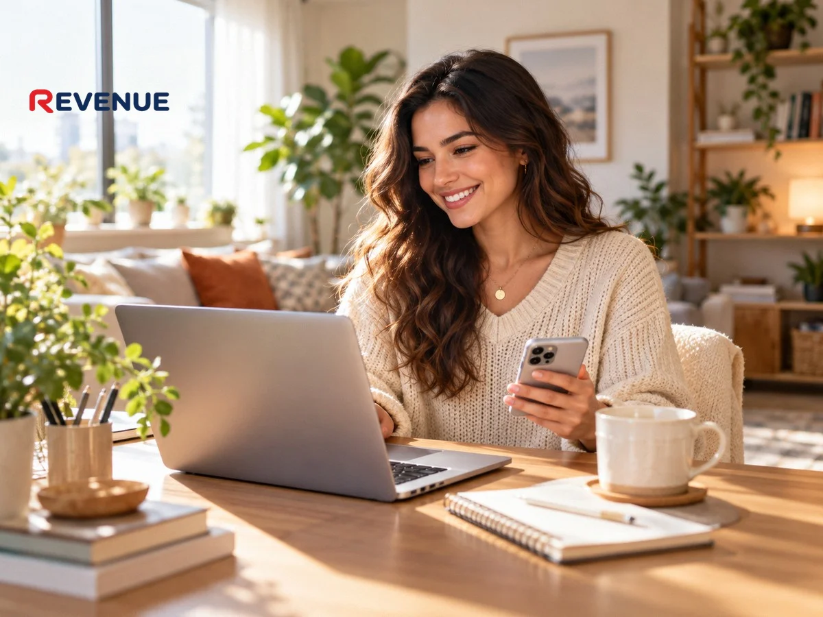 Cô gái trẻ làm booking KOL KOC remote tại nhà với laptop và điện thoại