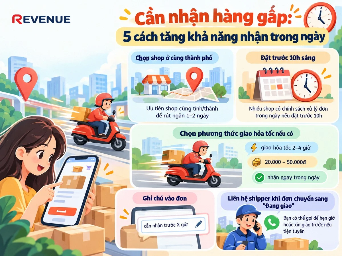 Đặt trước 10h sáng và ghi chú vào đơn để tăng khả năng nhận trong ngày: Cần nhận hàng gấp: 5 cách tăng khả năng nhận trong ngày