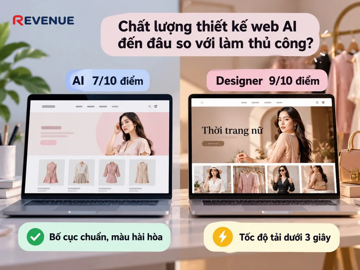 So sánh chất lượng thiết kế web AI đến đâu so với làm thủ công: thẩm mỹ 7/10 so với 9/10
