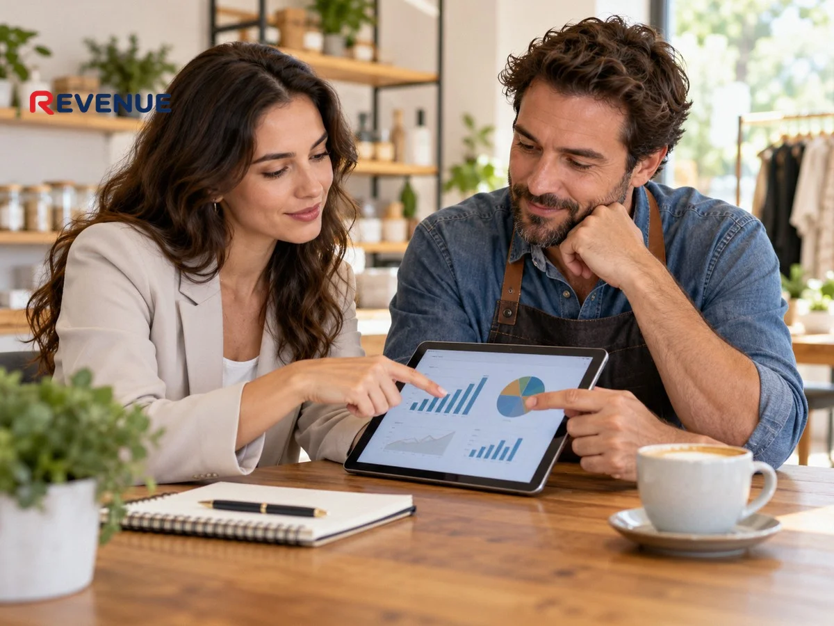 Chuyên viên marketing và chủ doanh nghiệp cùng xem máy tính bảng, thảo luận về booking KOL