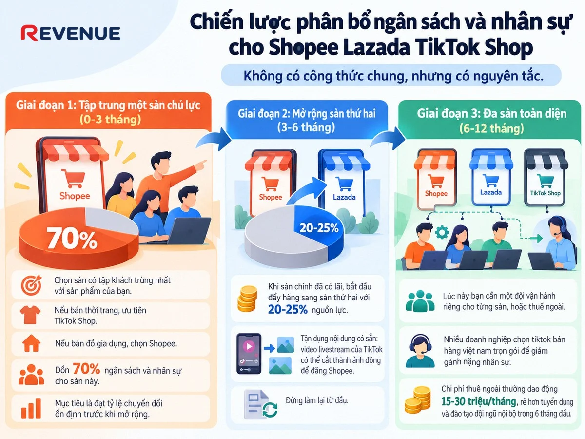 Chiến lược phân bổ ngân sách và nhân sự cho Shopee Lazada TikTok Shop giai đoạn 1 dồn 70% nguồn lực cho một sàn chủ lực