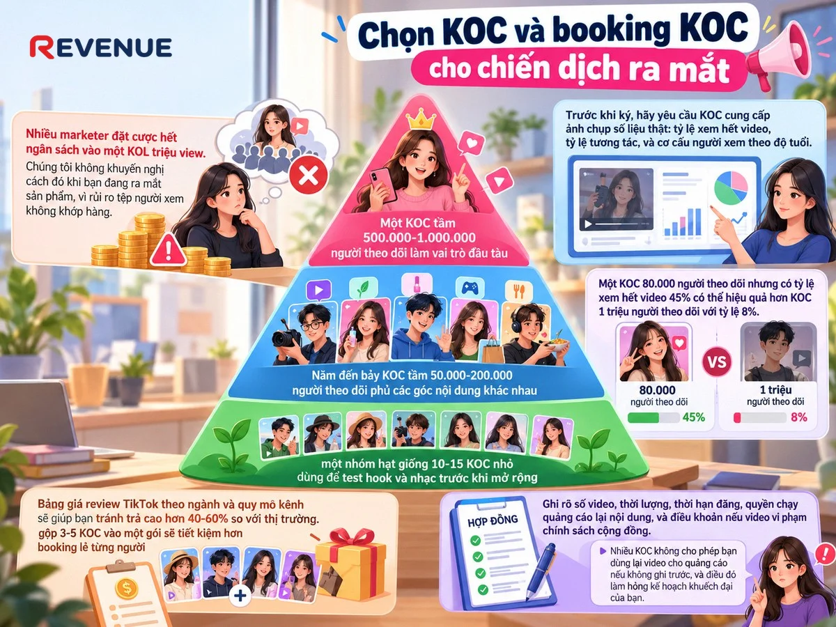 Mô hình kim tự tháp khi Chọn KOC và booking KOC cho chiến dịch ra mắt, với KOC đầu tàu và nhóm KOC nhỏ test hook