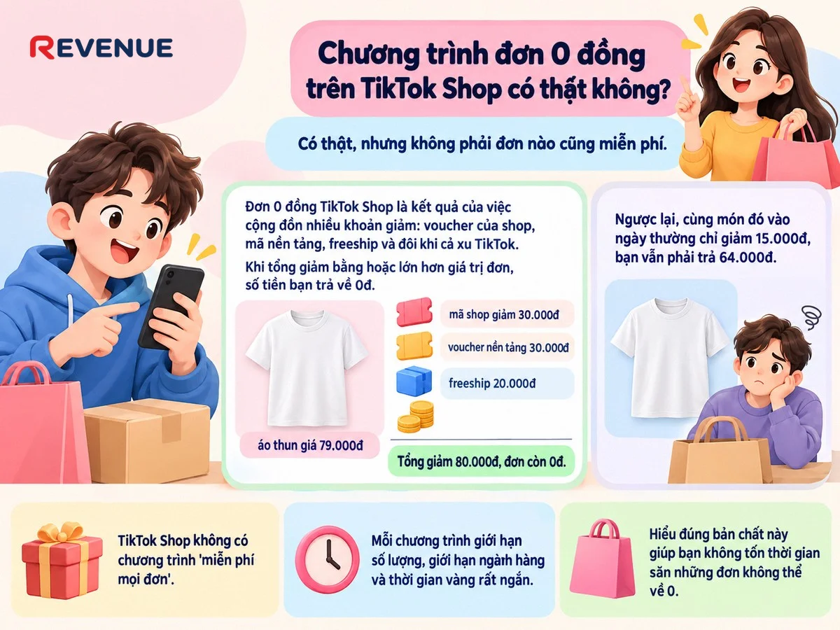 Giải thích Chương trình đơn 0 đồng trên TikTok Shop có thật không nhờ cộng dồn voucher shop, mã nền tảng và freeship