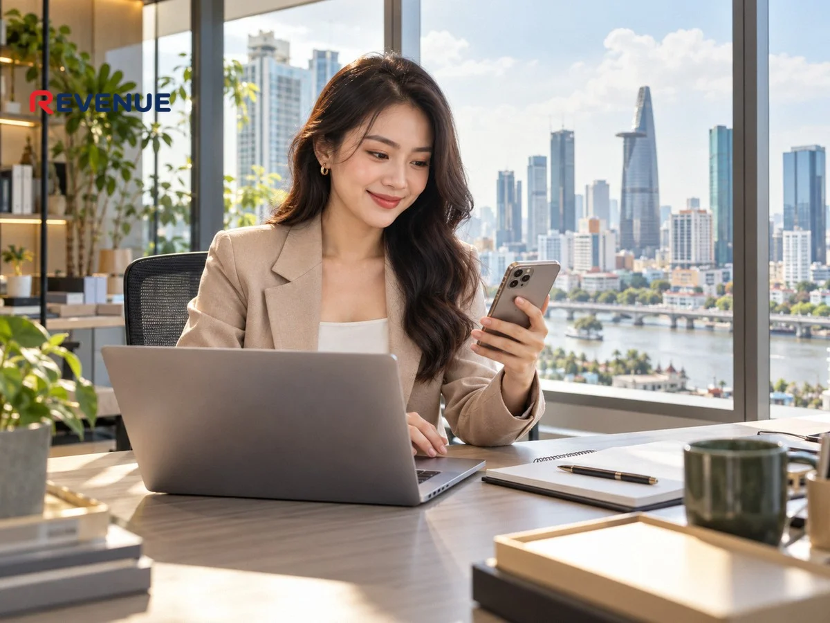 Nhân viên tuyển dụng booking KOL KOC xem hồ sơ trên laptop tại văn phòng ở TP.HCM