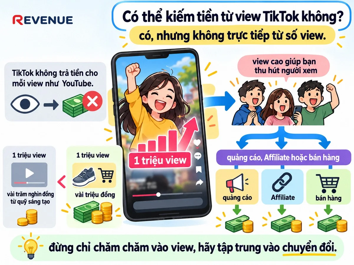 Có thể kiếm tiền từ view TikTok không khi view cao giúp thu hút người xem để kiếm tiền qua quảng cáo, Affiliate hoặc bán hàng