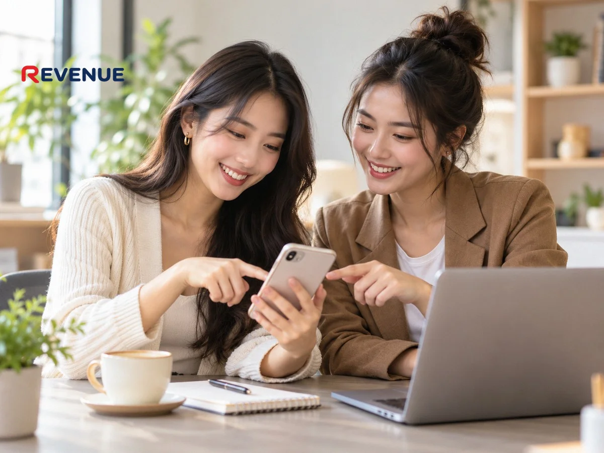Marketer trẻ và KOC xem điện thoại, bàn về code ads TikTok trên màn hình