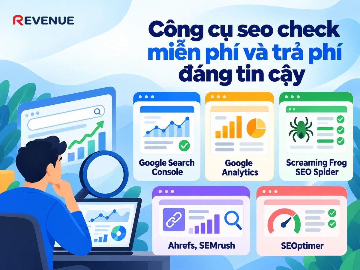 Công cụ seo check miễn phí và trả phí đáng tin cậy như Google Search Console và Ahrefs