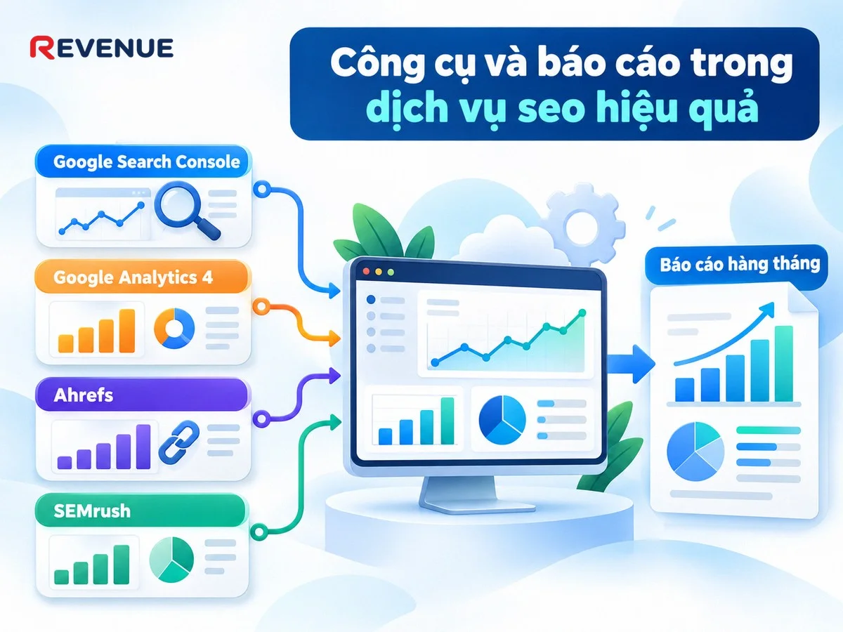 Công cụ và báo cáo trong dịch vụ seo hiệu quả với Google Search Console, Google Analytics 4, Ahrefs, SEMrush