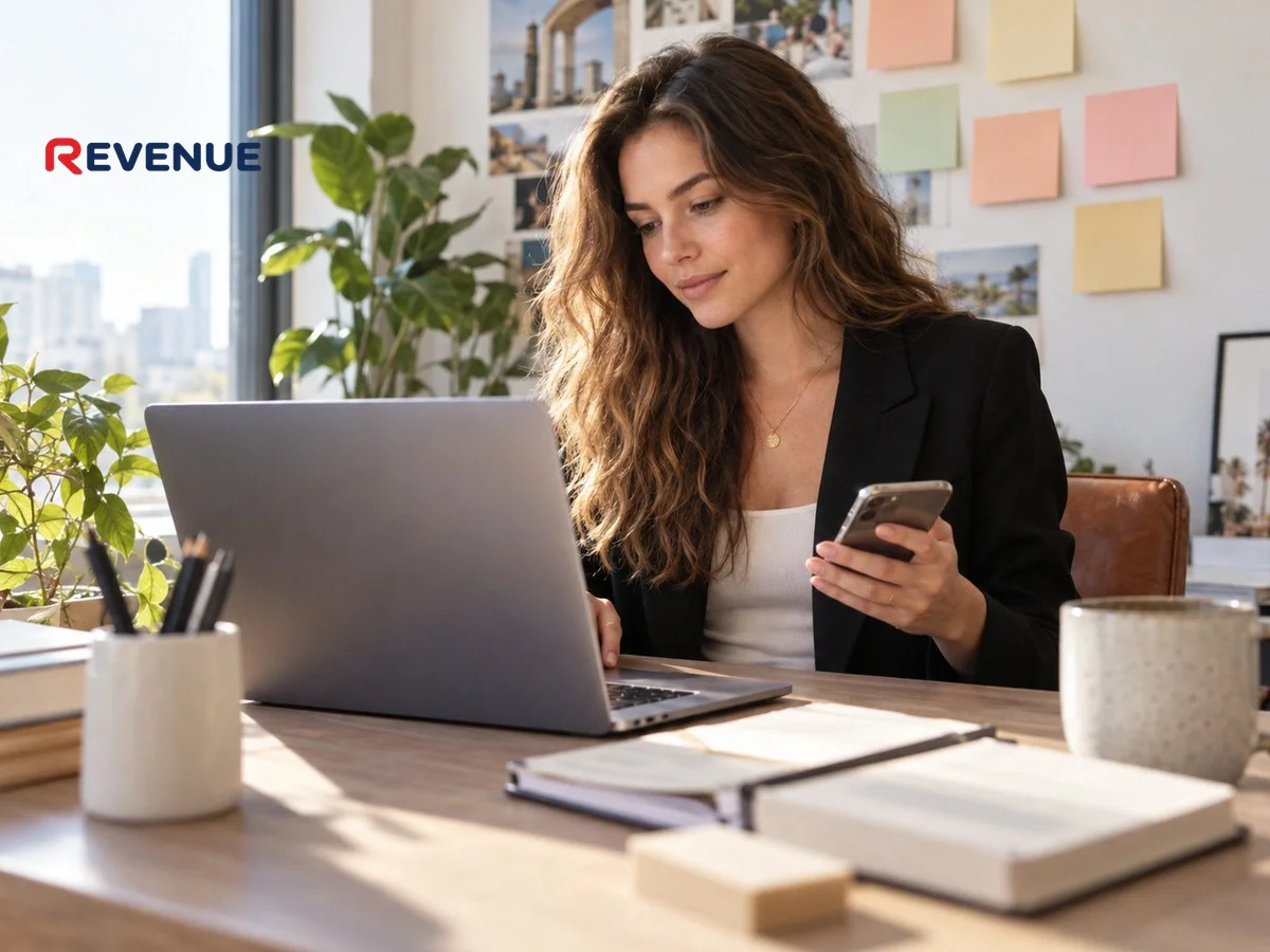 Nhân viên booking KOL KOC tập trung xem hồ sơ và lịch trình trên laptop tại bàn làm việc