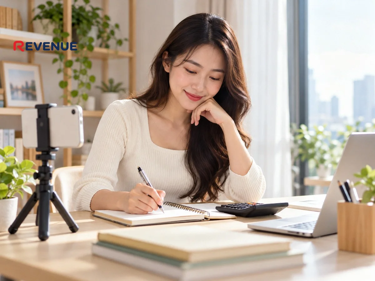 Cô gái trẻ ngồi ở bàn tính toán chi phí bán hàng trên TikTok
