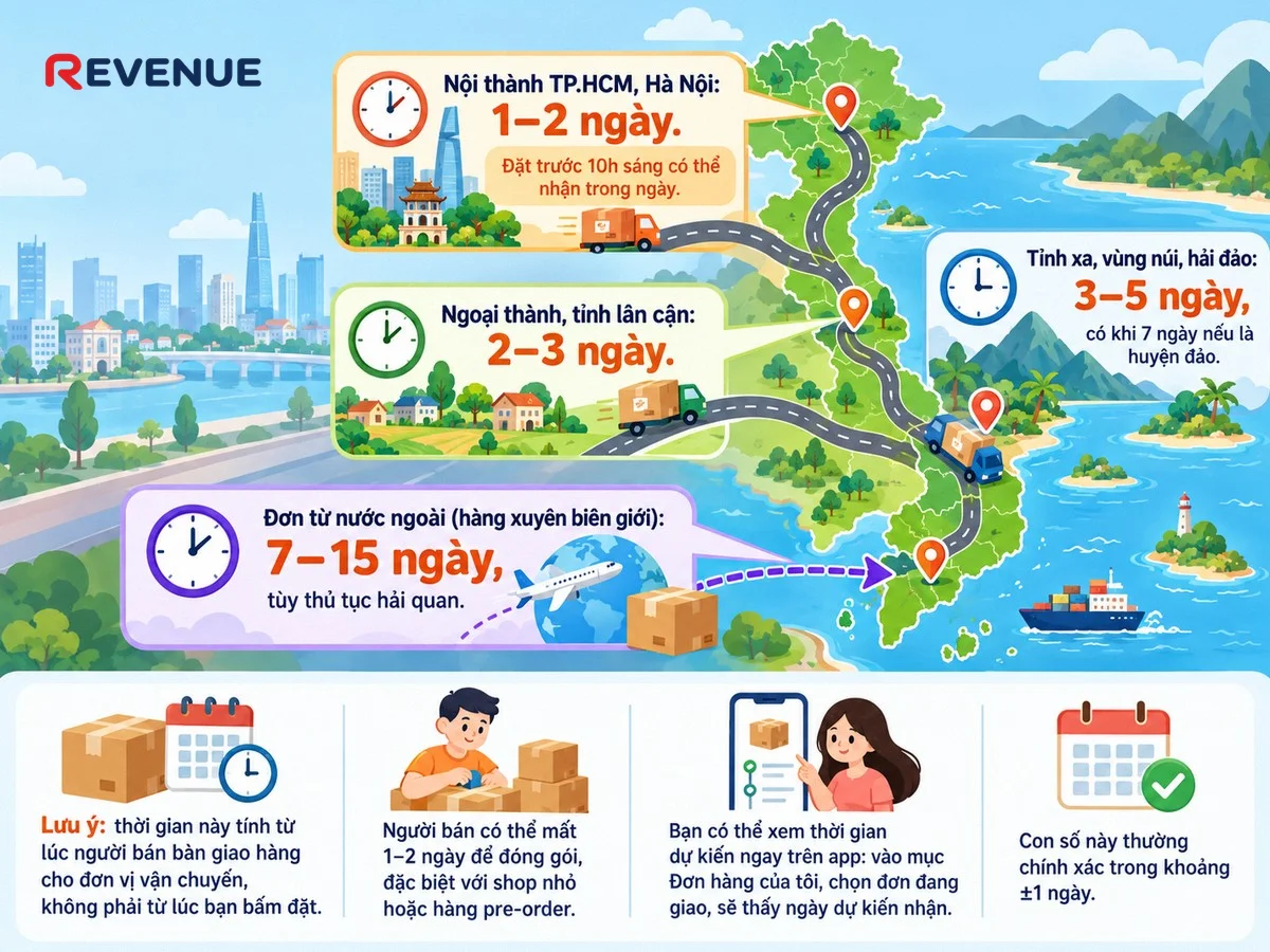 Thời gian nhận hàng từ 1–2 ngày nội thành đến 7–15 ngày với đơn xuyên biên giới, tìm hiểu đặt hàng TikTok Shop bao lâu nhận được theo khu vực