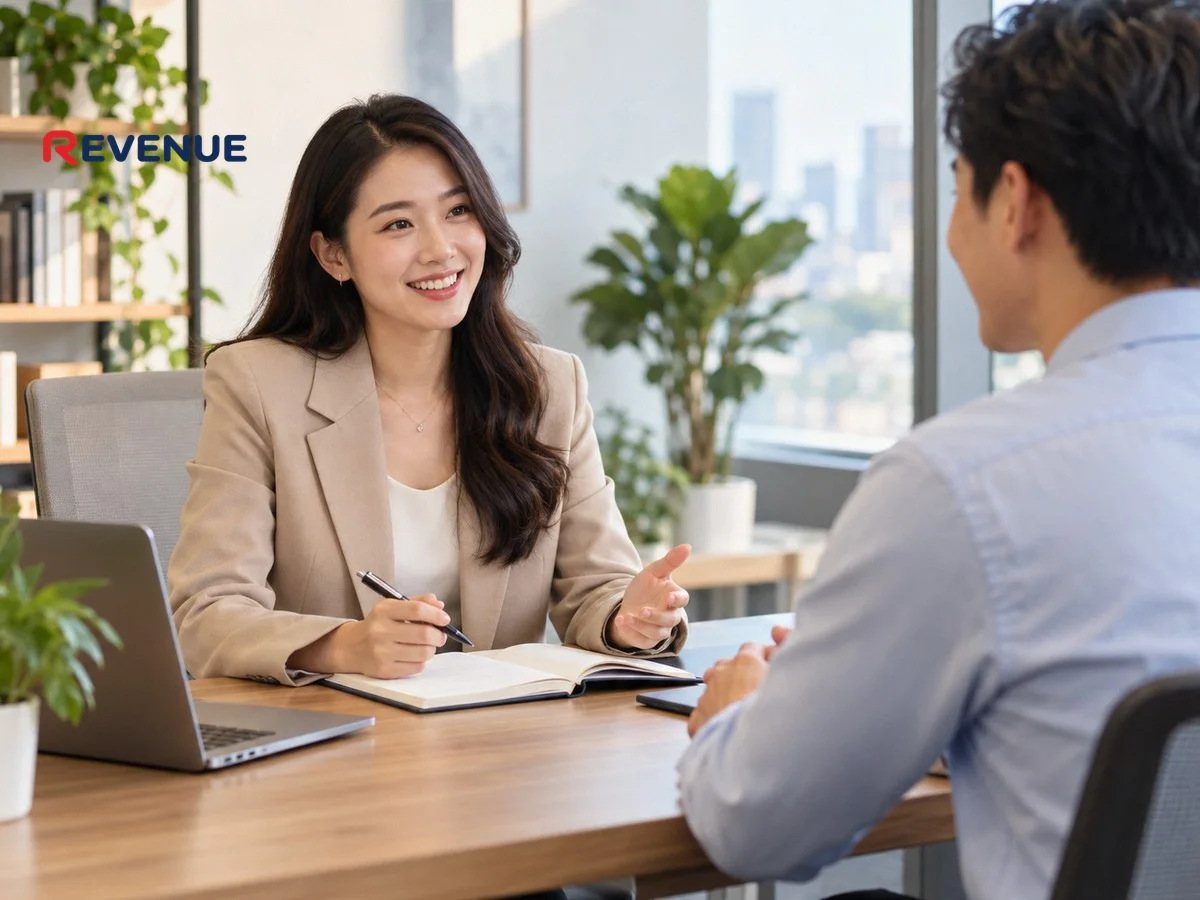 Nhà tuyển dụng trẻ phỏng vấn ứng viên booking KOL KOC tại văn phòng hiện đại TP.HCM