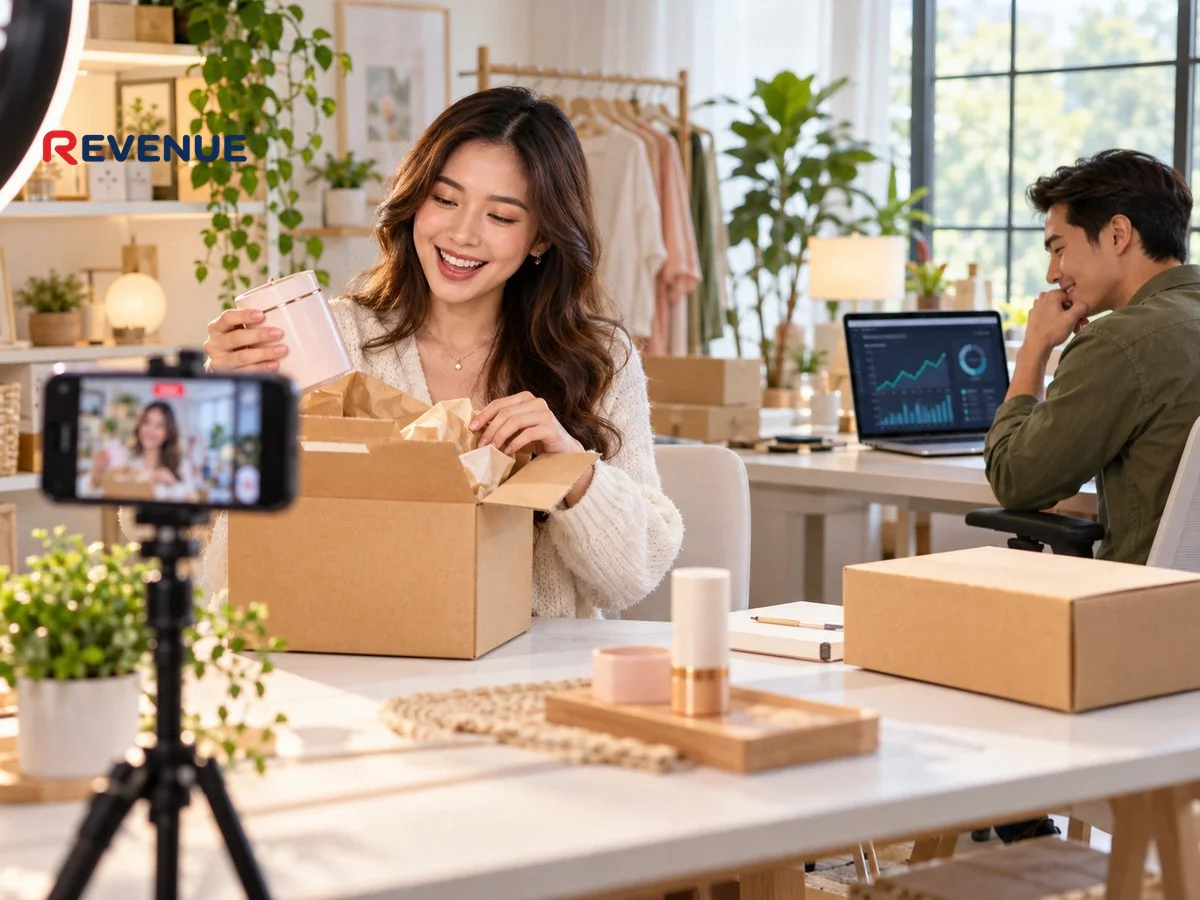 KOC quay video review sản phẩm trên điện thoại trong studio, hỗ trợ booking KOC affiliate