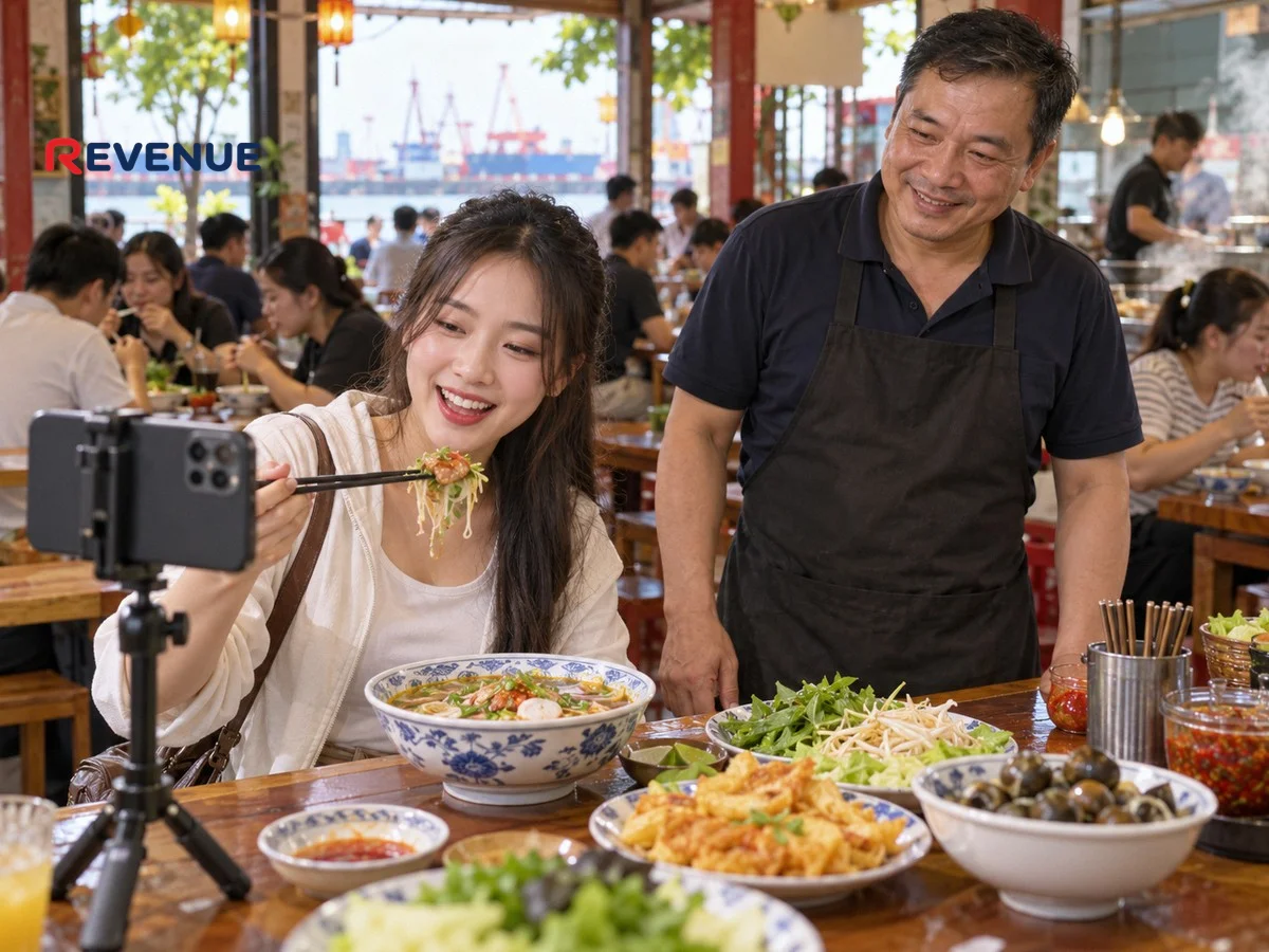 Cô gái trẻ quay video review món ăn tại quán ở Hải Phòng, chủ quán đứng nhìn