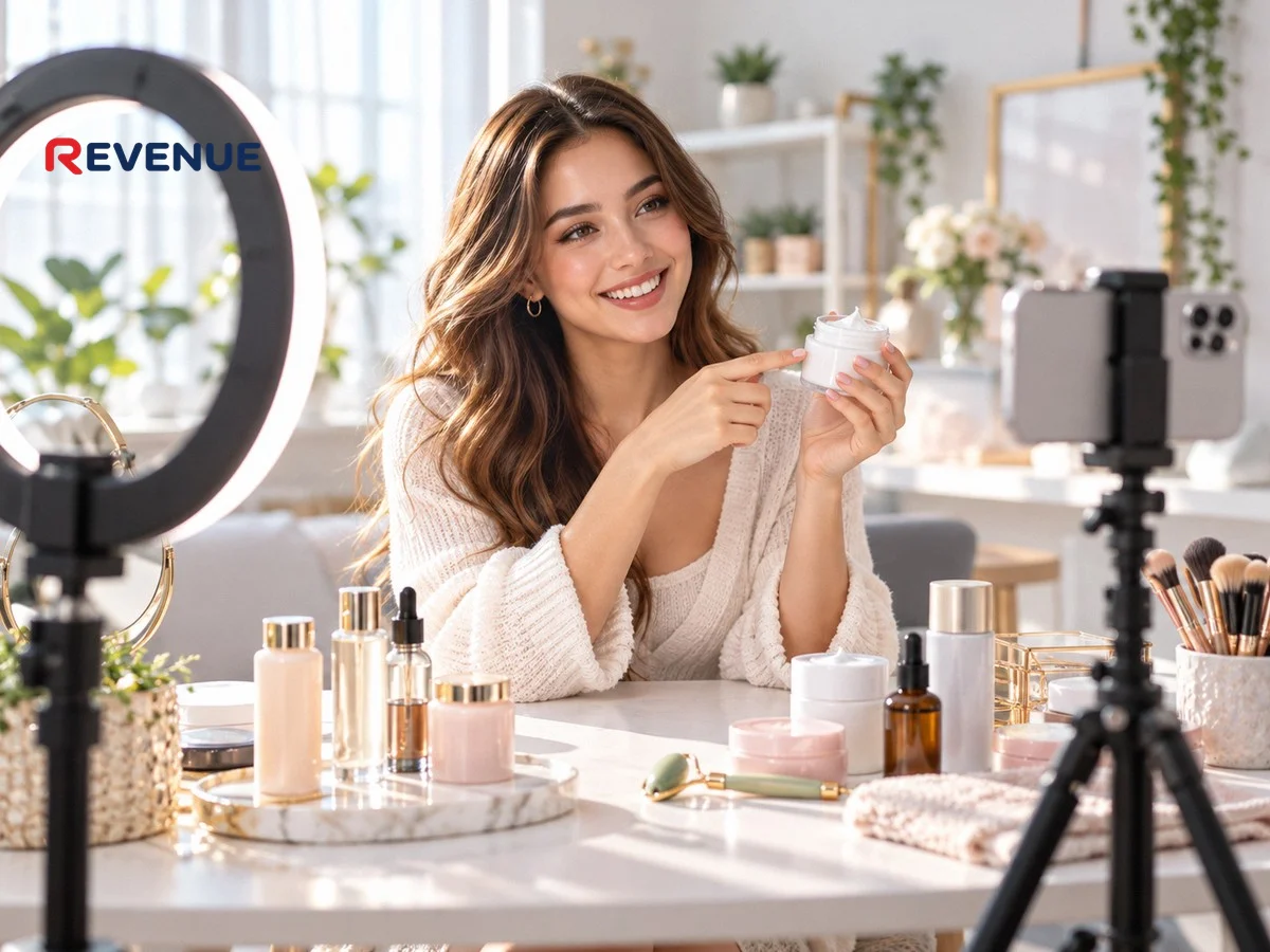KOC review sản phẩm chăm sóc da trước điện thoại trong studio