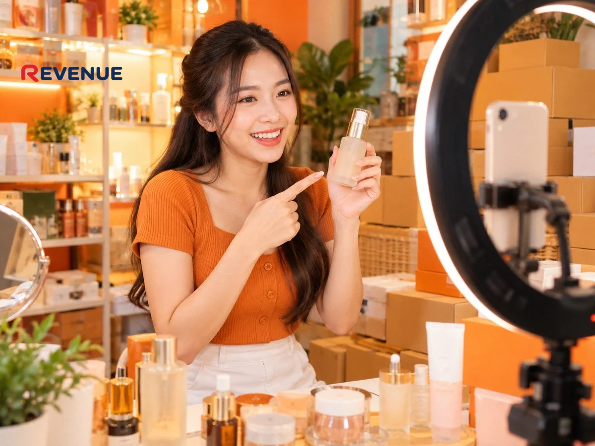 Cô gái livestream bán mỹ phẩm trước đèn ring light trong shop nhỏ