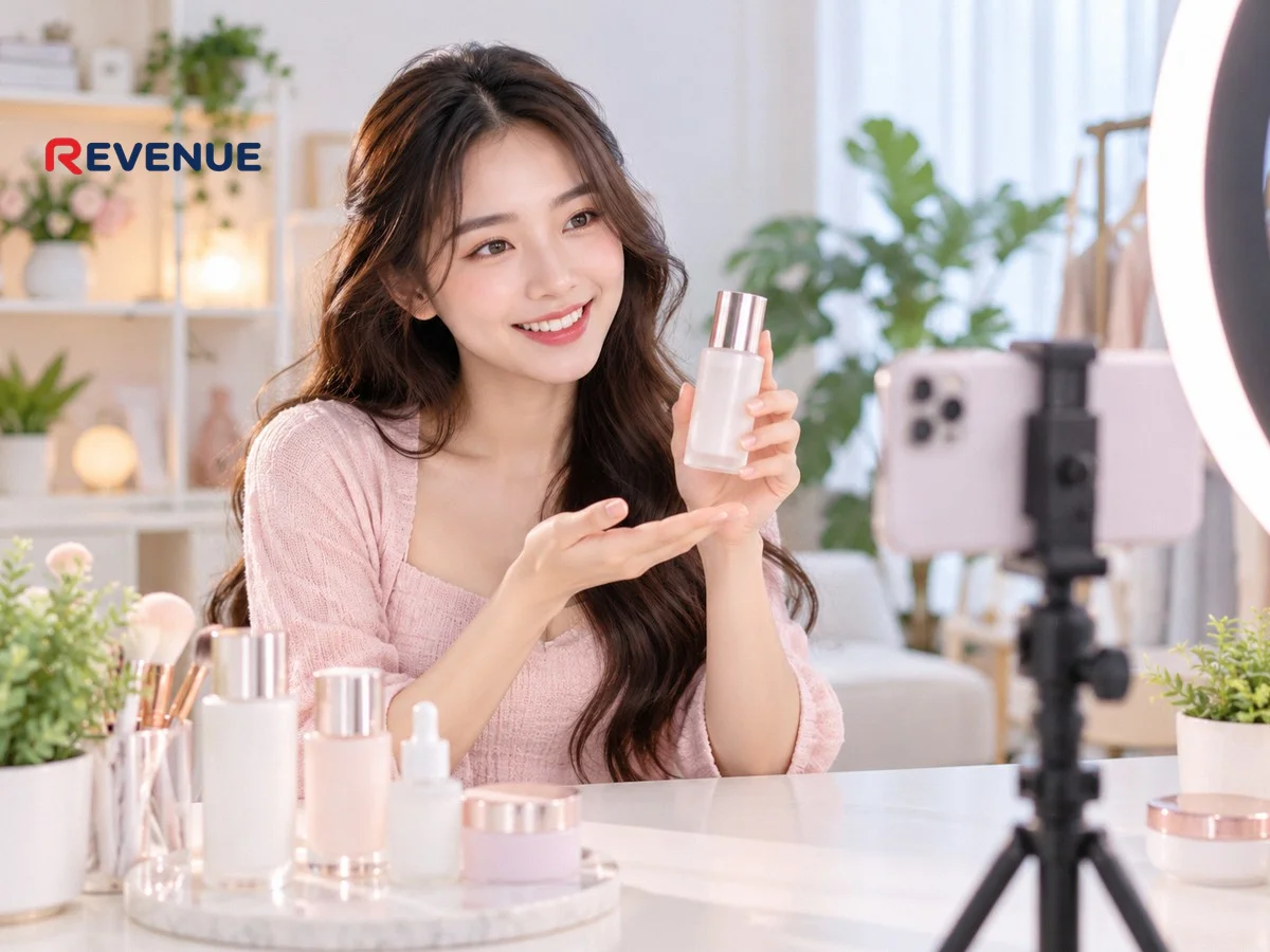 Cô gái trẻ quay video review mỹ phẩm bằng điện thoại trên tripod trong studio