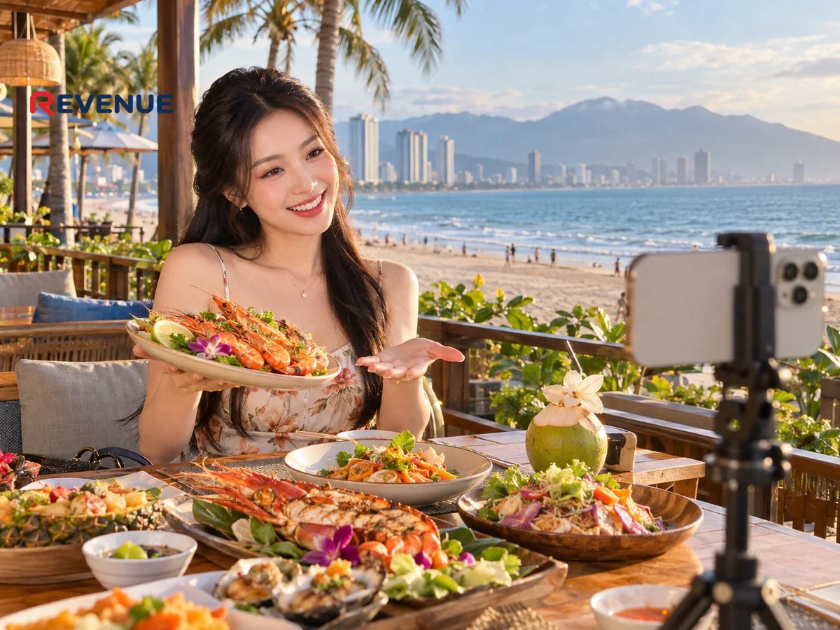 Cô gái trẻ quay video review món ăn bằng điện thoại tại nhà hàng ven biển Đà Nẵng
