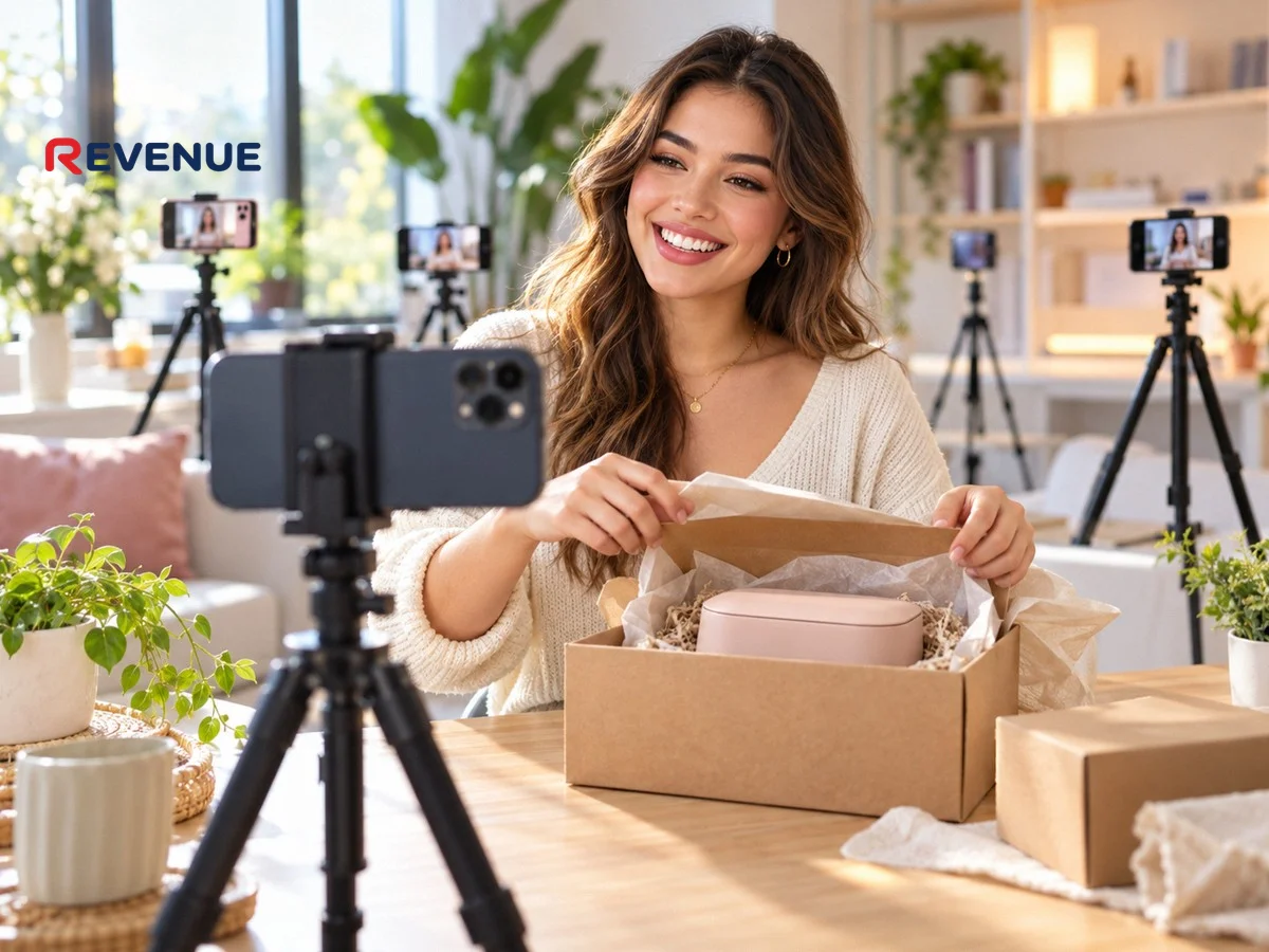 Cô gái trẻ quay video unboxing sản phẩm bằng điện thoại trên tripod trong studio sáng, mỉm cười