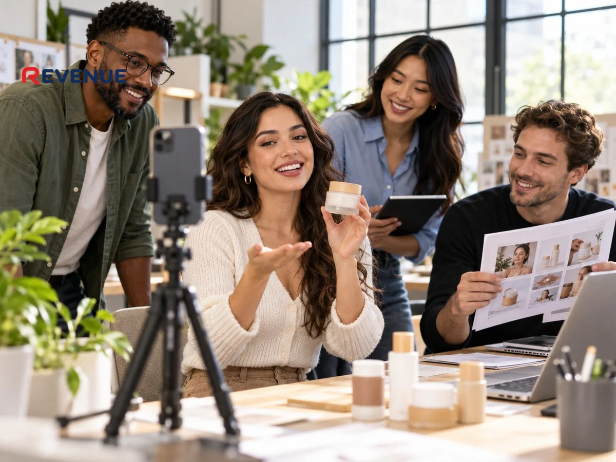 Nhóm digital marketing TikTok quay video dọc bằng điện thoại, cô gái cầm sản phẩm chăm sóc da mỉm cười