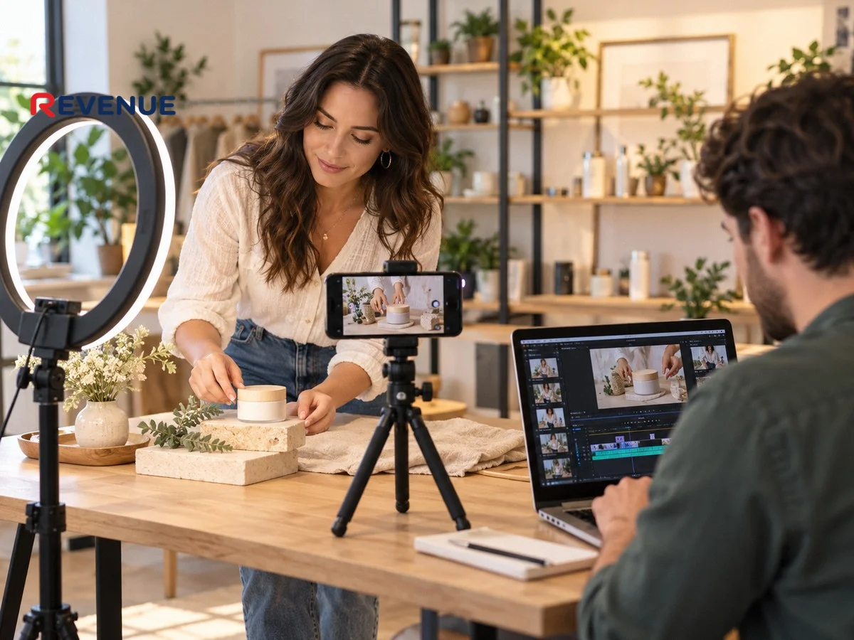 Người phụ nữ quay video bán hàng trên TikTok bằng điện thoại và đèn ring light