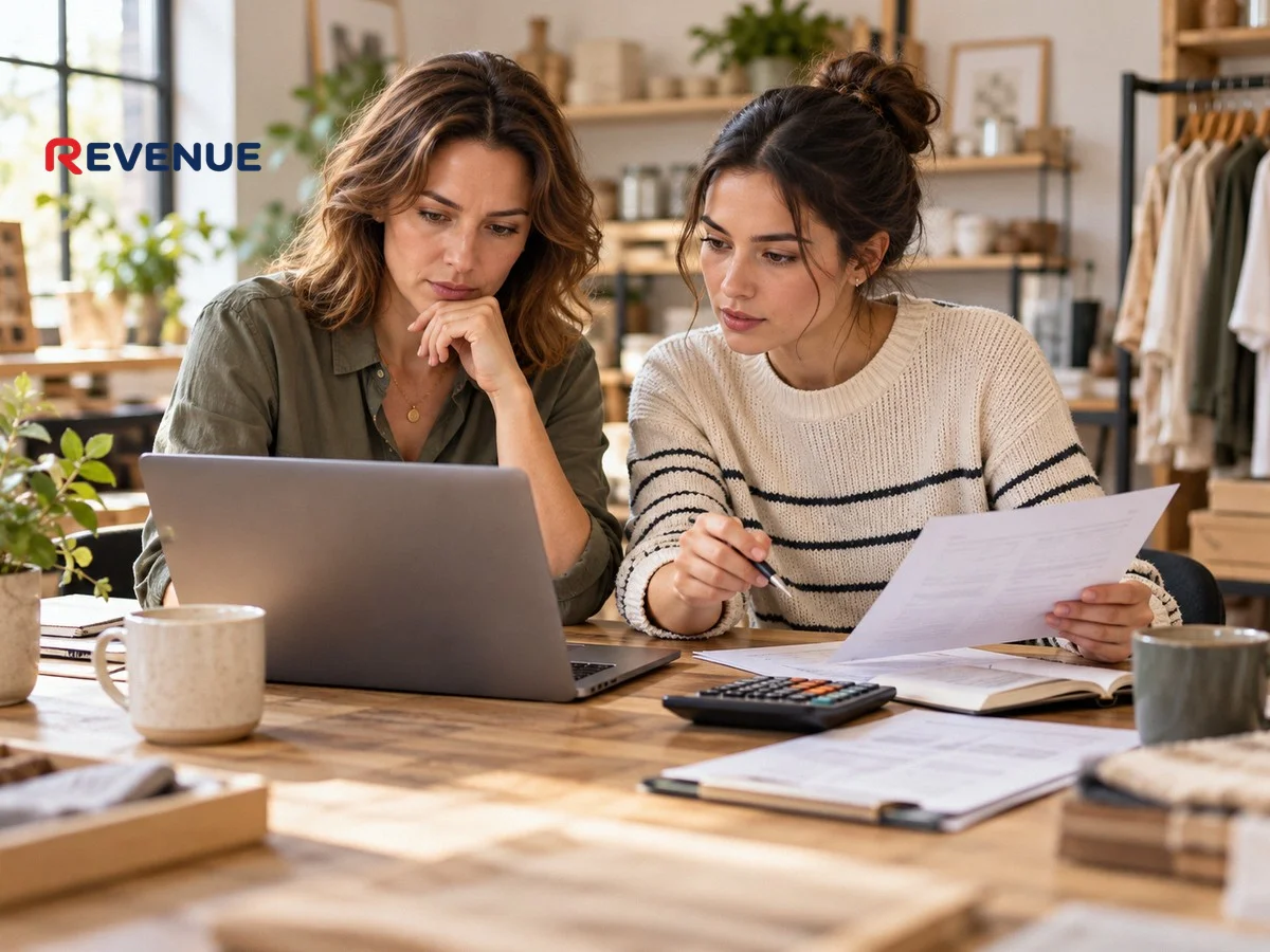 Chủ doanh nghiệp và marketer trẻ so sánh báo giá trên laptop tại bàn gỗ