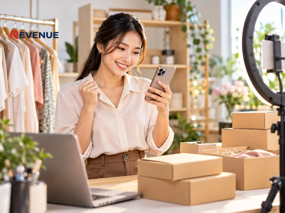 Chủ shop Việt kiểm tra đơn hàng trên điện thoại cạnh đèn ring light