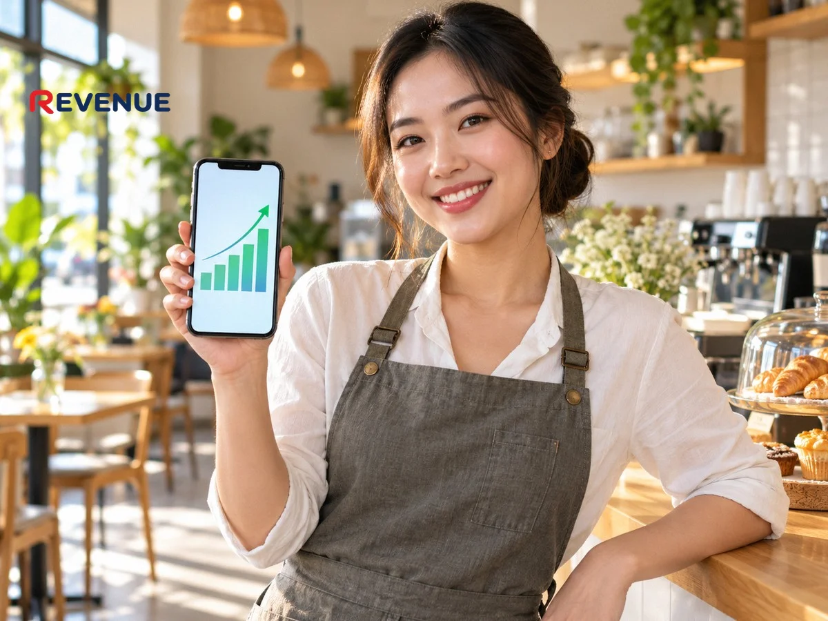 Chủ shop trẻ Việt cầm điện thoại xem biểu đồ tăng view TikTok trong quán cà phê sáng