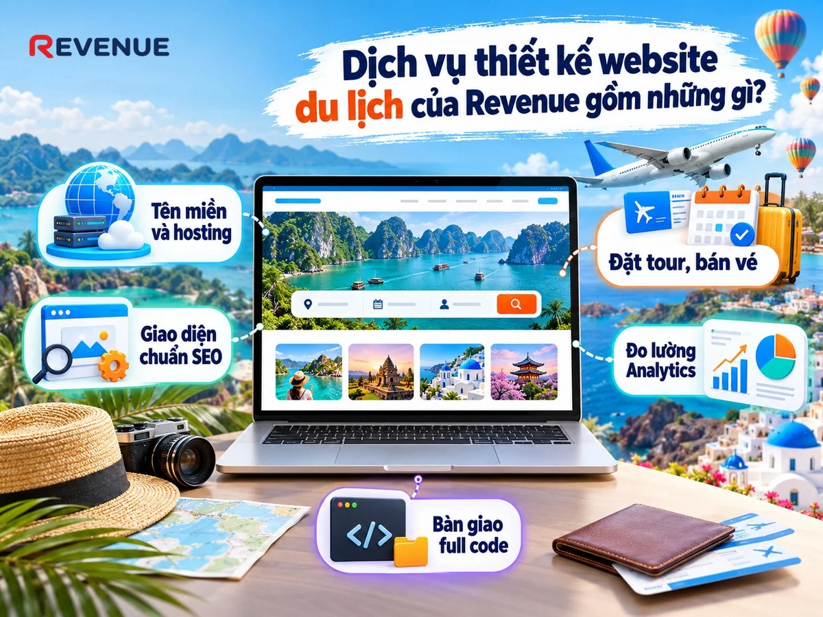 Dịch vụ thiết kế website du lịch của Revenue gồm những gì với giải pháp trọn gói từ tên miền, hosting đến giao diện