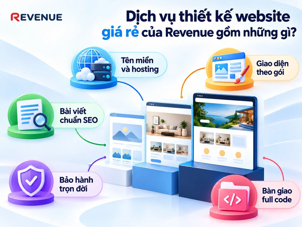 Dịch vụ thiết kế website giá rẻ của Revenue gồm những gì với tên miền, hosting và bảo hành trọn đời
