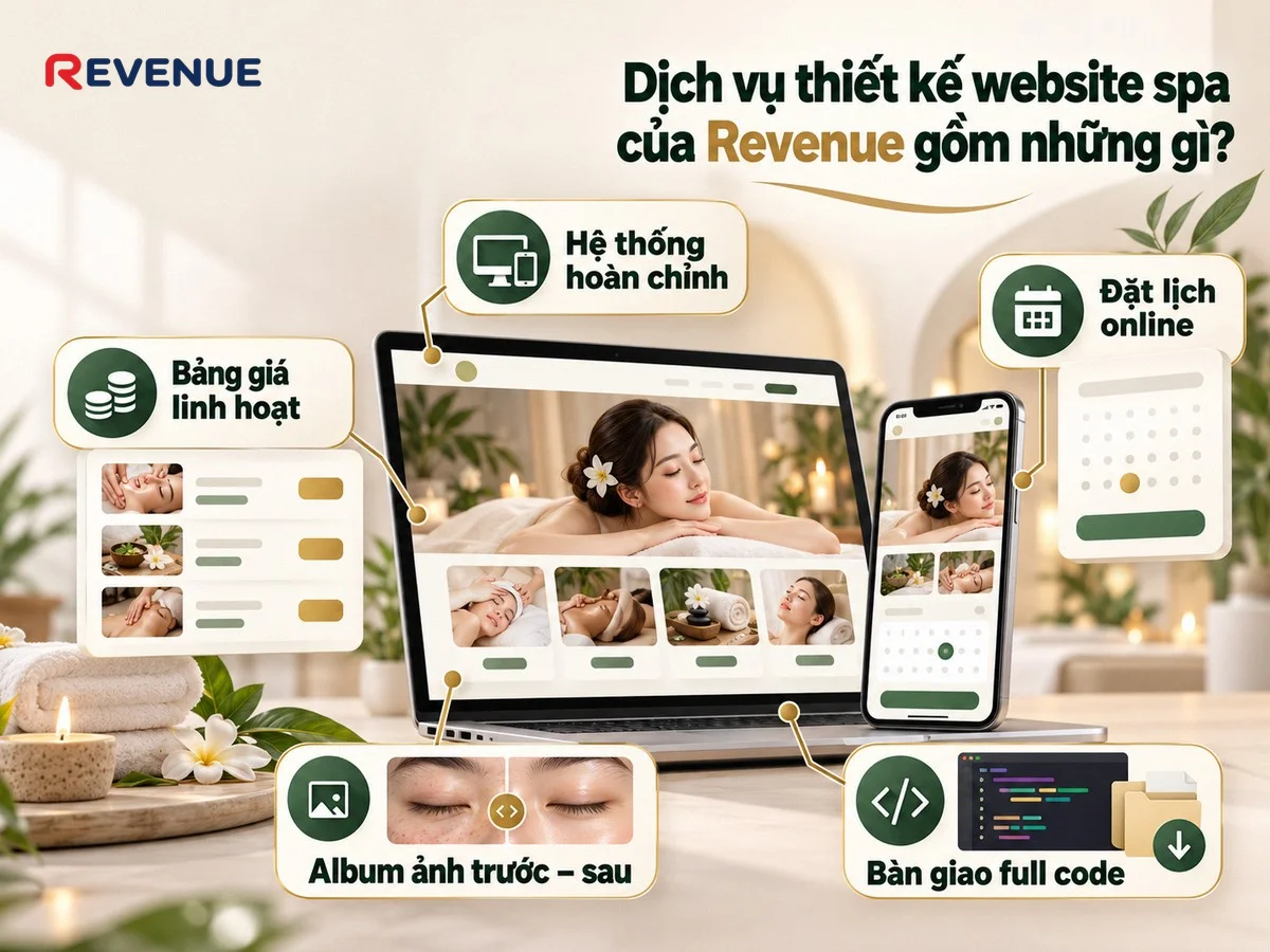 Dịch vụ thiết kế website spa của Revenue gồm những gì với hệ thống hoàn chỉnh sẵn sàng vận hành