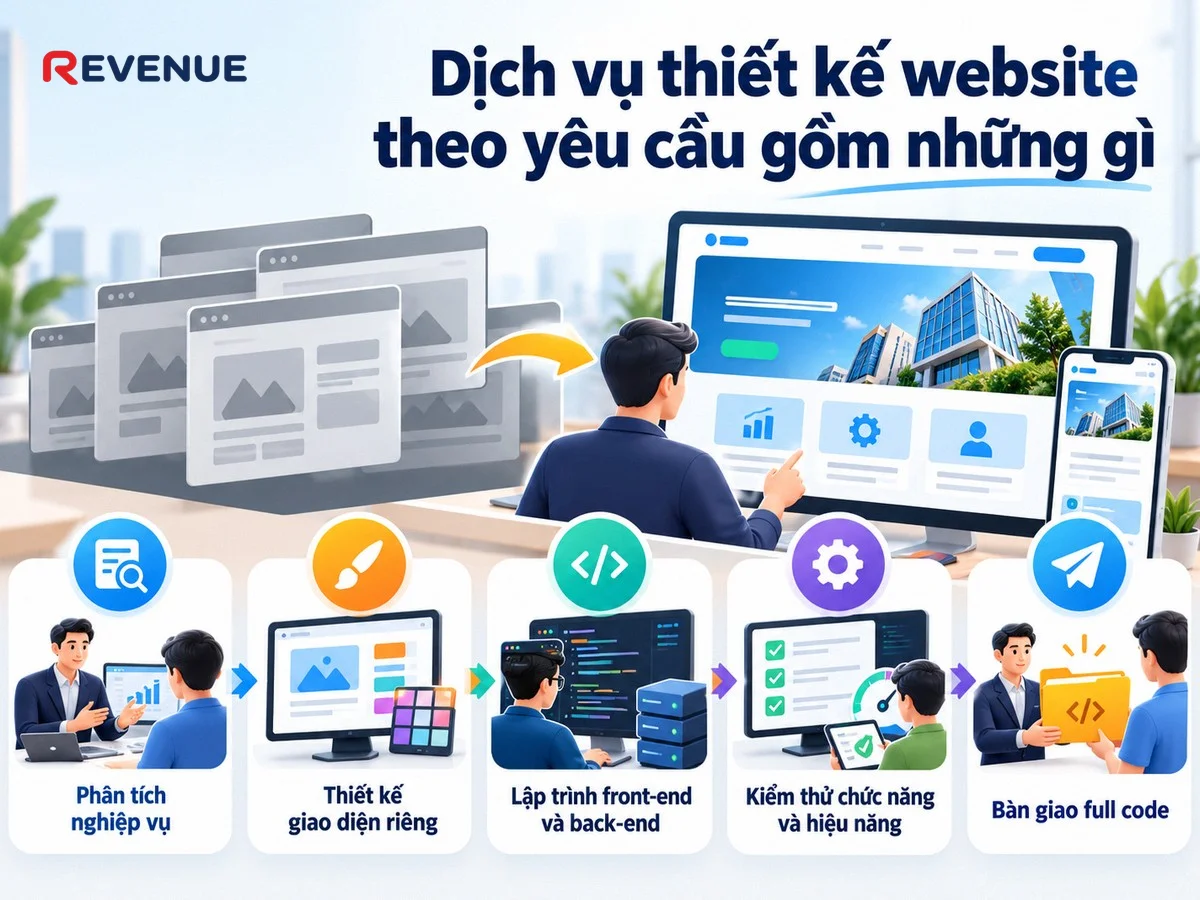 Dịch vụ thiết kế website theo yêu cầu gồm những gì: từ phân tích nghiệp vụ đến bàn giao full code
