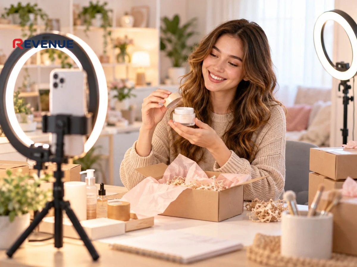 Cô gái trẻ mặc áo len be mở hộp sản phẩm skincare tại bàn làm việc để quay video booking KOC free cast