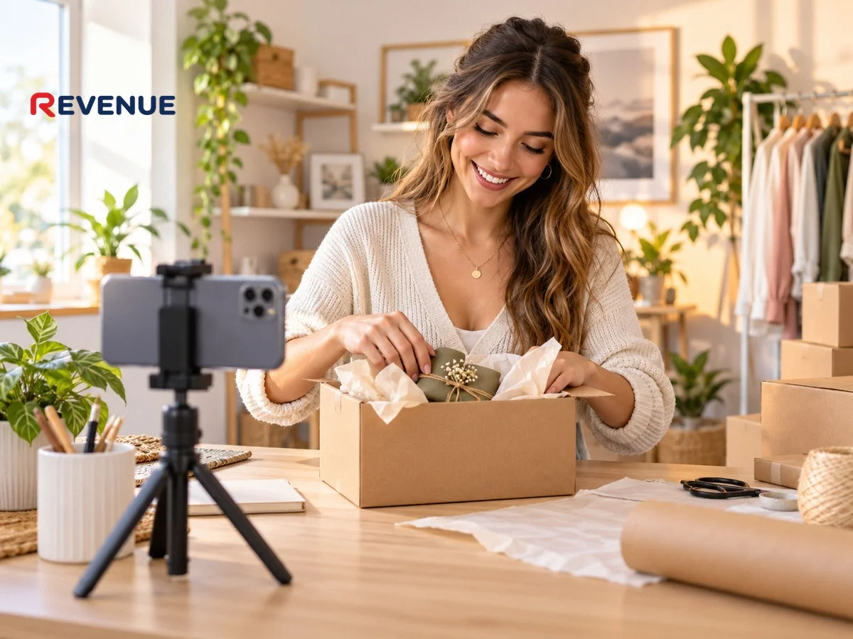 Cô gái trẻ quay sản phẩm bằng điện thoại trên tripod tại bàn làm việc để bán hàng trên TikTok
