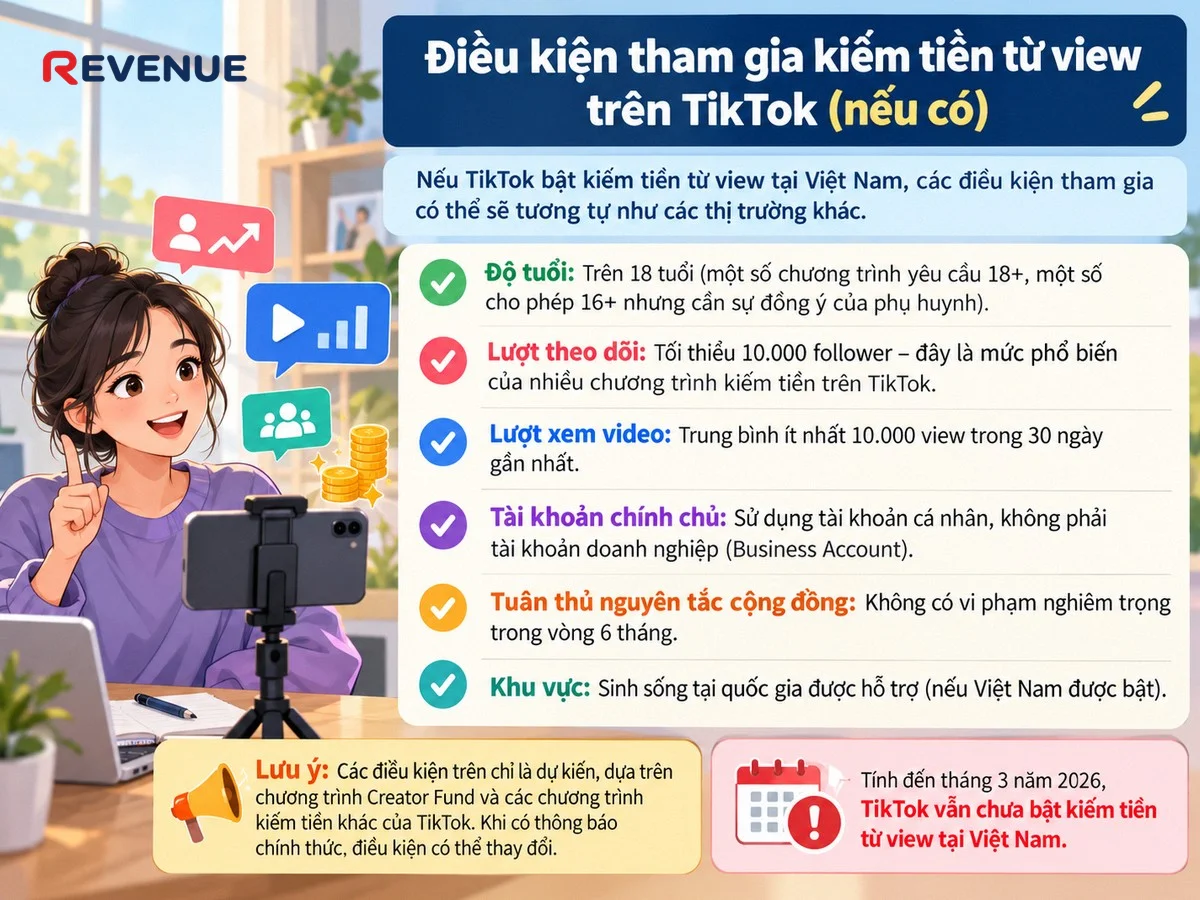 Điều kiện tham gia kiếm tiền từ view trên TikTok (nếu có) với tối thiểu 10.000 follower và 10.000 view trong 30 ngày
