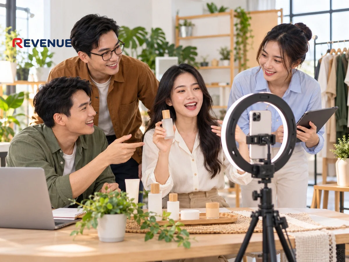 Nhóm digital marketing TikTok bốn người quay video sản phẩm dọc bằng điện thoại trên tripod trong studio sáng