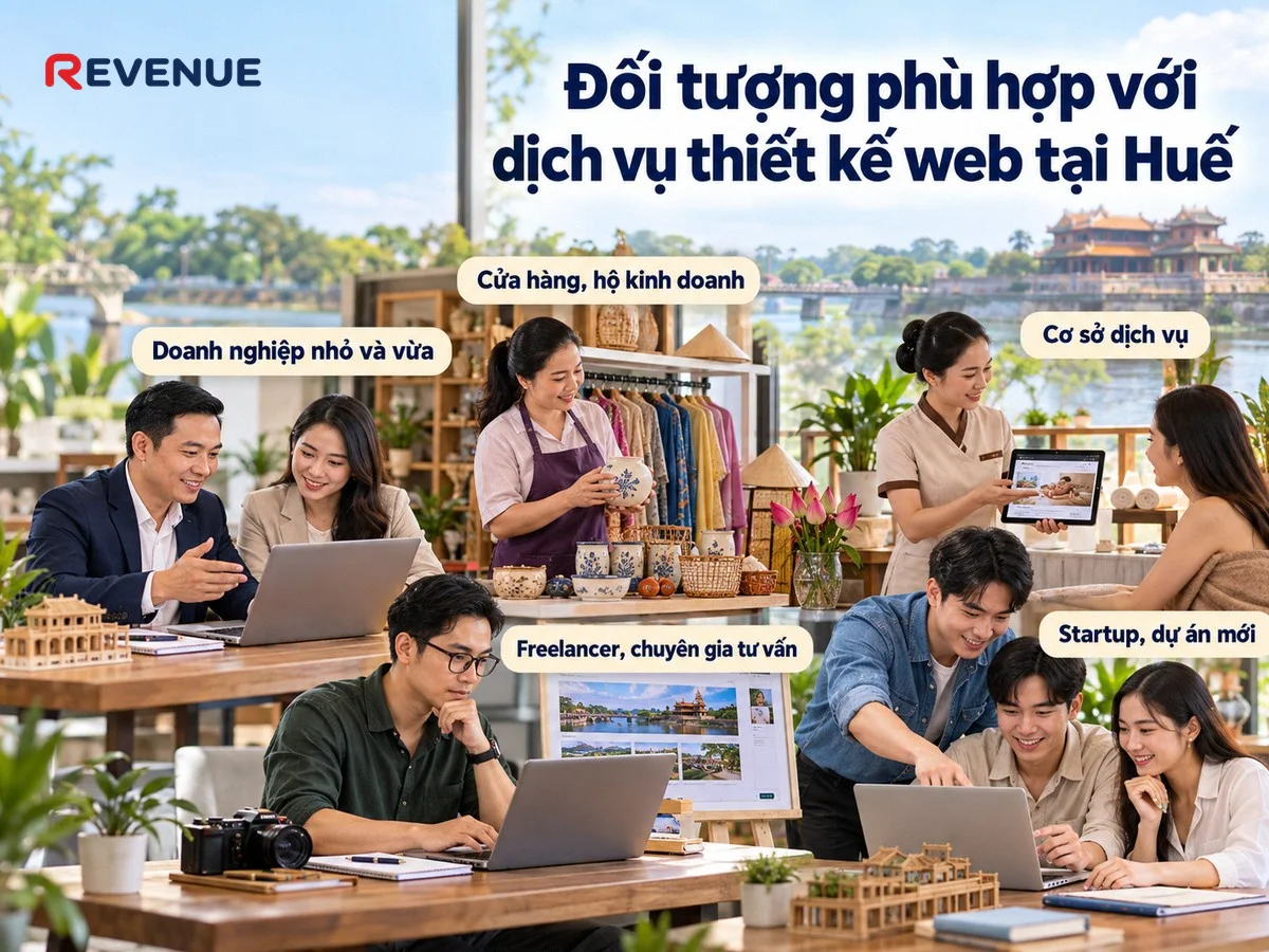 Đối tượng phù hợp với dịch vụ thiết kế web tại Huế gồm doanh nghiệp nhỏ và vừa, cửa hàng, cơ sở dịch vụ, freelancer và startup