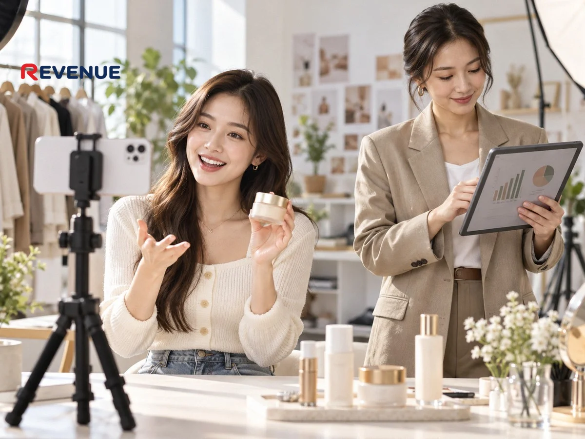 Cô gái KOC quay review sản phẩm bằng điện thoại trong studio sáng, marketer xem bảng chi phí