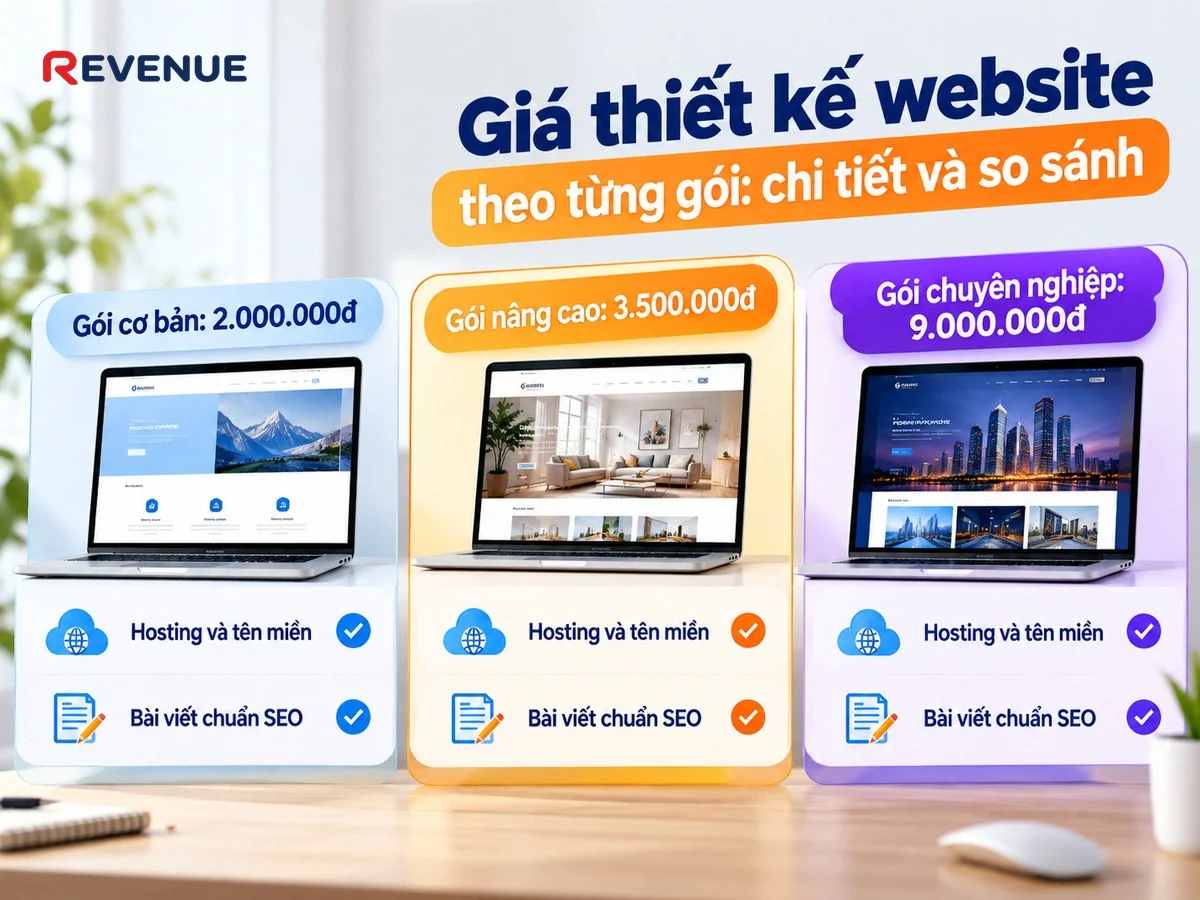 Giá thiết kế website theo từng gói: chi tiết và so sánh ba gói chính của Revenue
