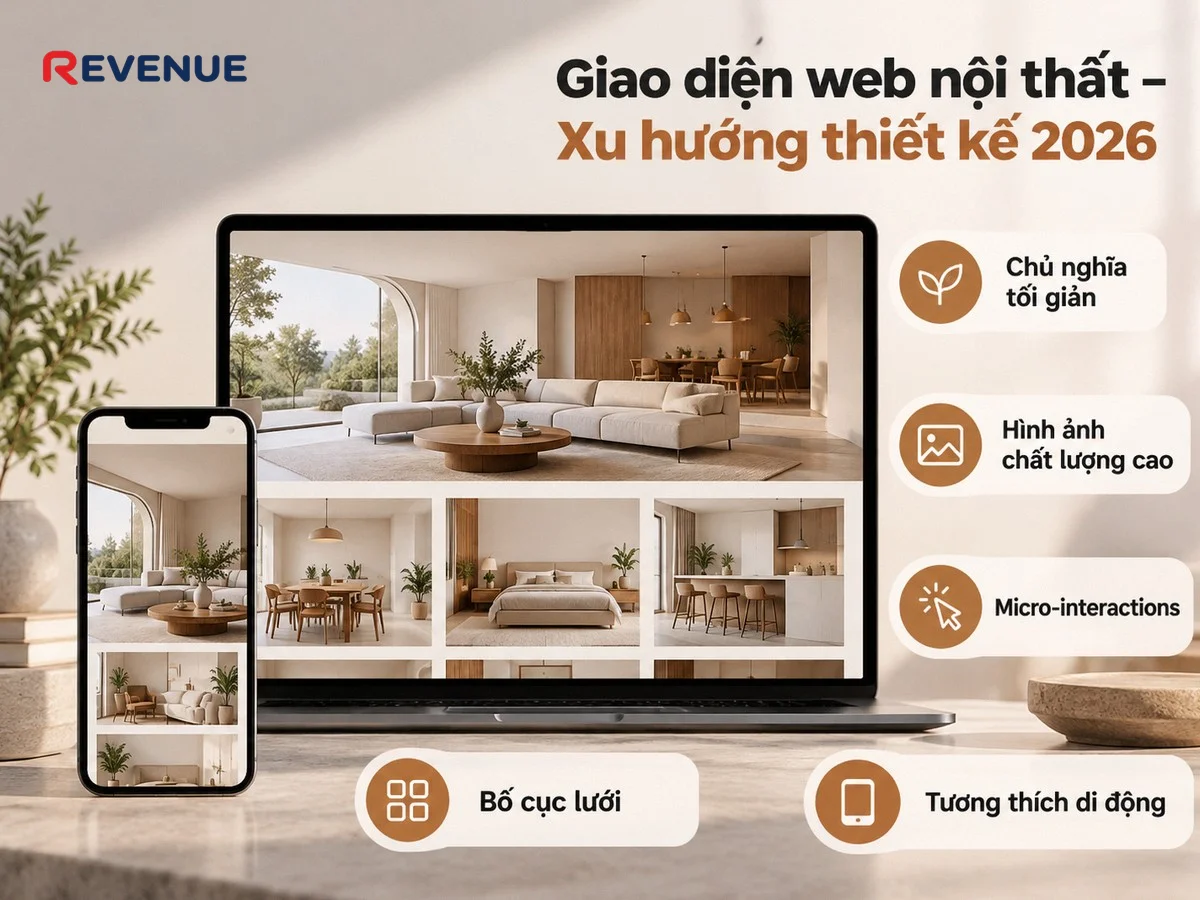 Giao diện web nội thất – Xu hướng thiết kế 2026 với chủ nghĩa tối giản tinh tế