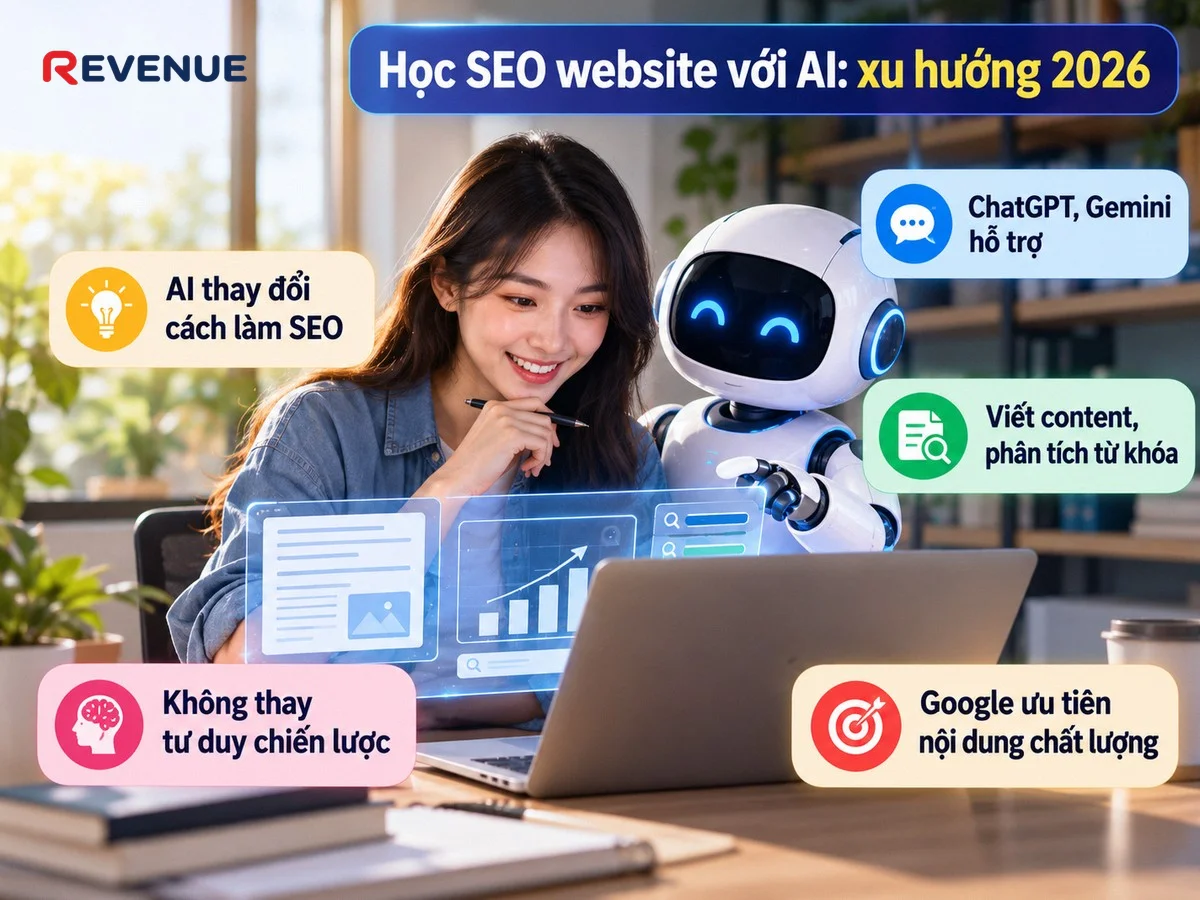 Học SEO website với AI: xu hướng 2026 cùng công cụ như ChatGPT, Gemini hỗ trợ viết content