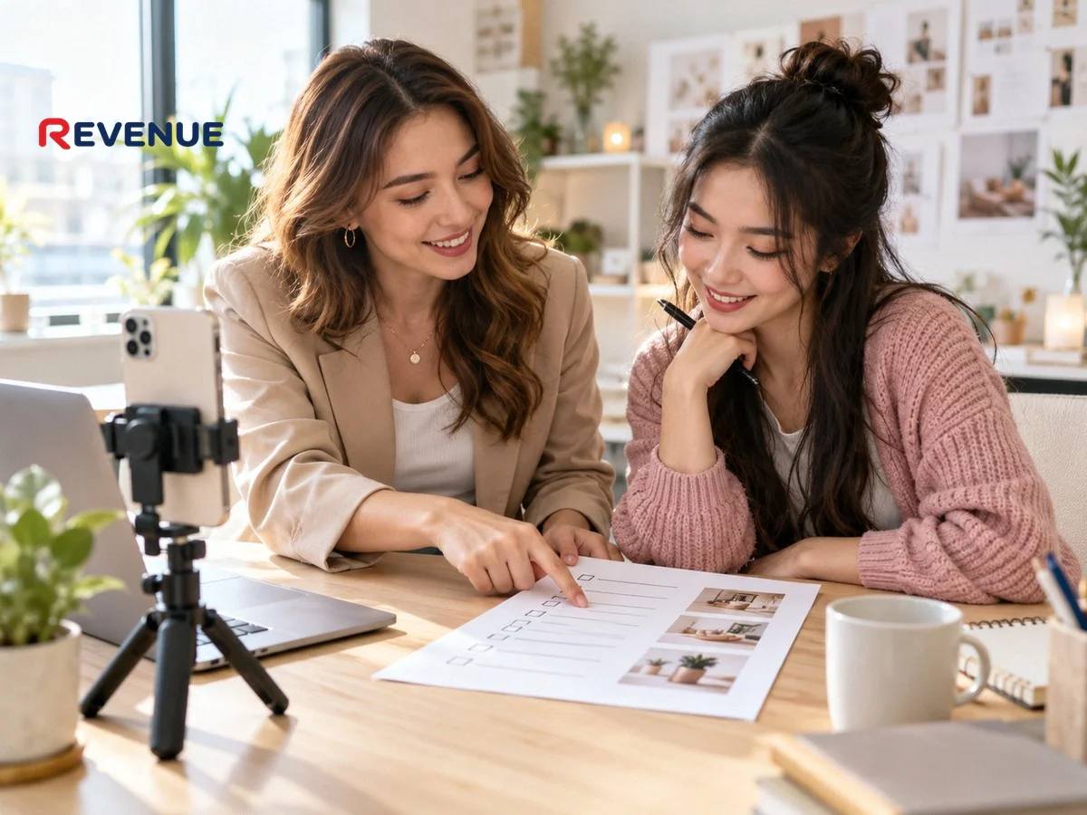Marketer chỉ vào checklist brief booking KOC trên bàn cho KOC đang đọc