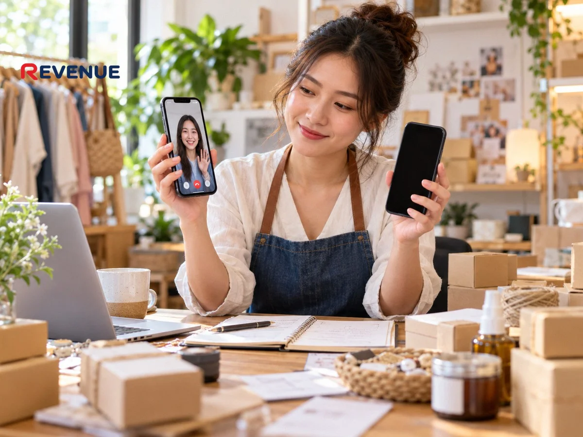 Chủ shop trẻ so sánh hai điện thoại, một đang gọi video với KOC