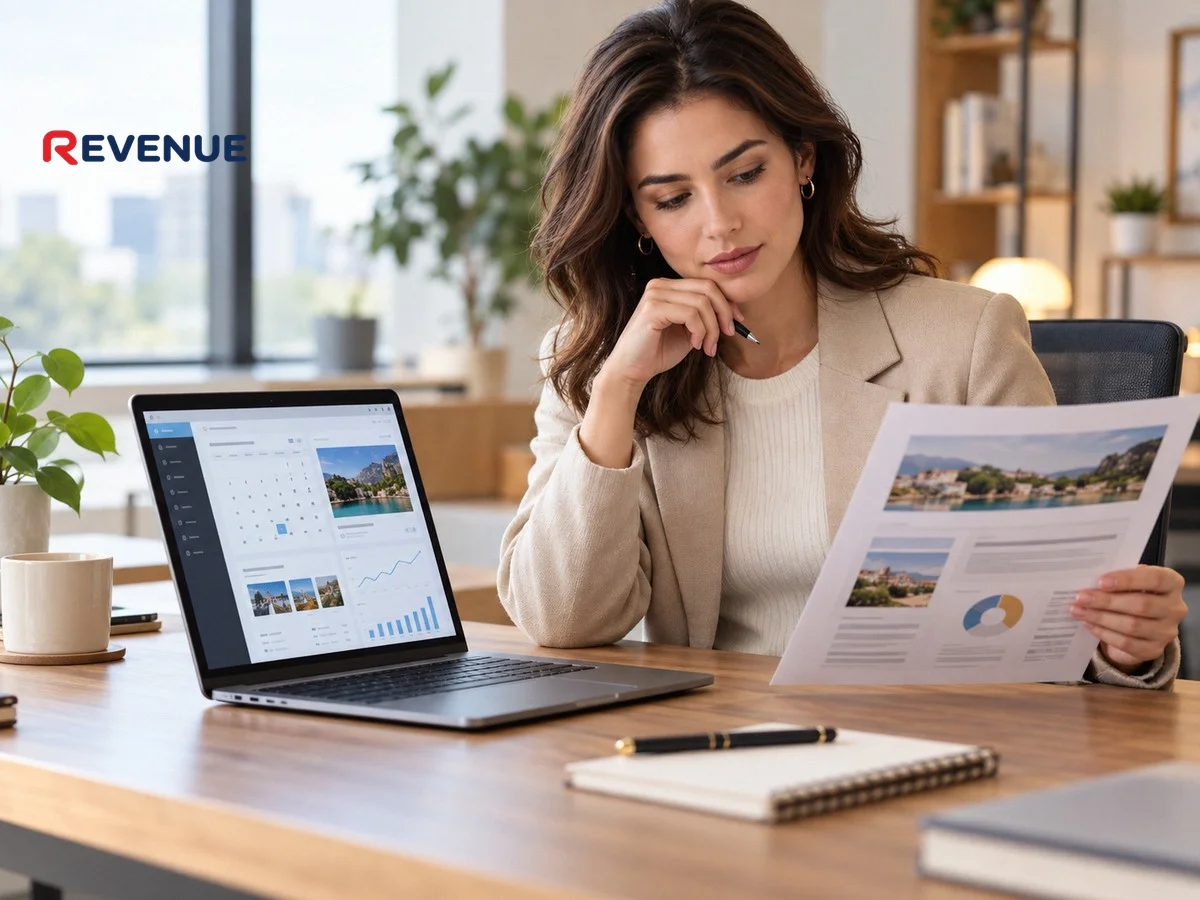 Marketer so sánh dashboard nền tảng booking KOC trên laptop với bản đề xuất agency in sẵn