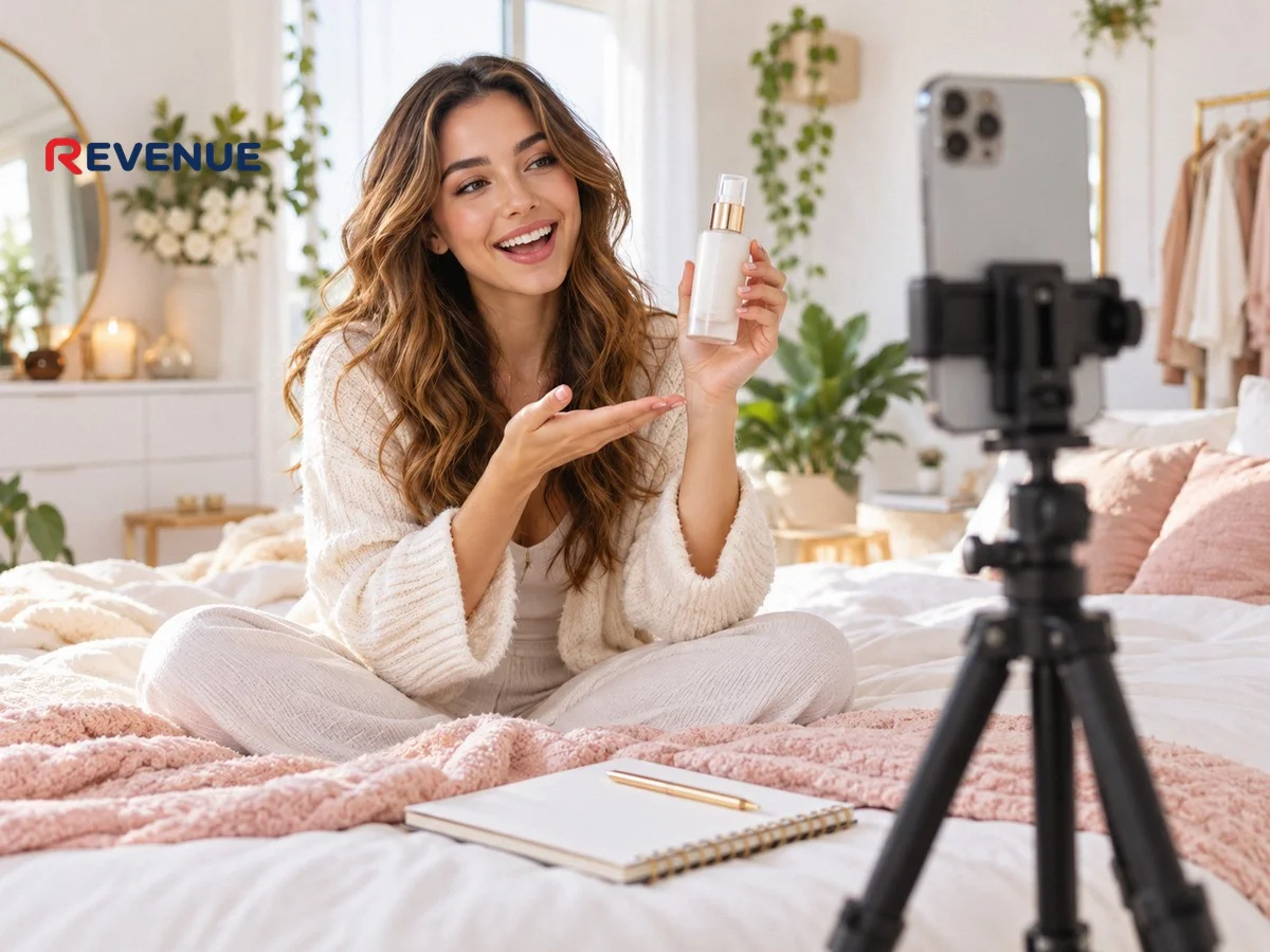 Cô gái trẻ quay video đánh giá sản phẩm chăm sóc da bằng điện thoại trên tripod trong phòng ngủ sáng