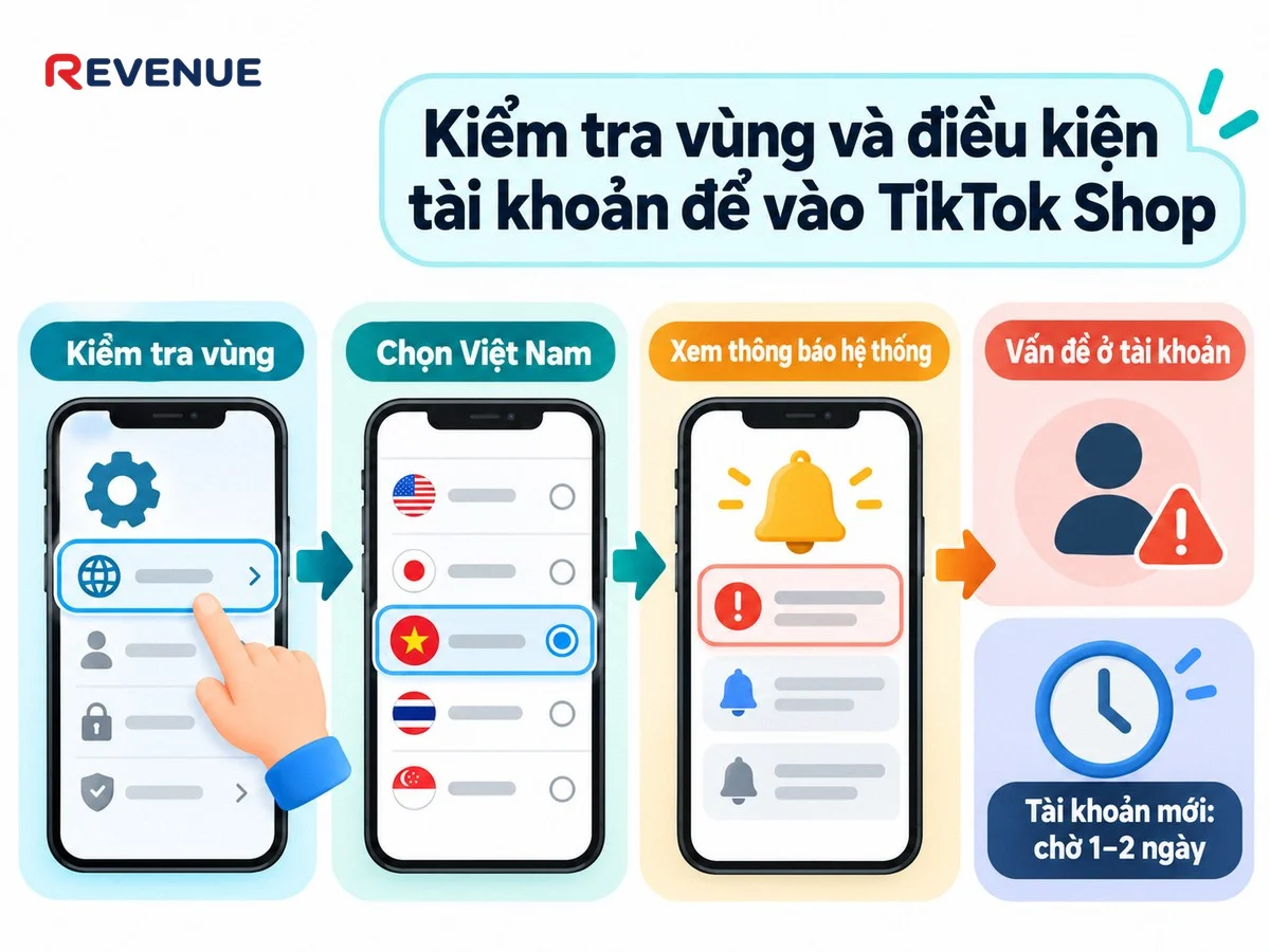 Kiểm tra vùng và điều kiện tài khoản để vào TikTok Shop, vấn đề nằm ở tài khoản