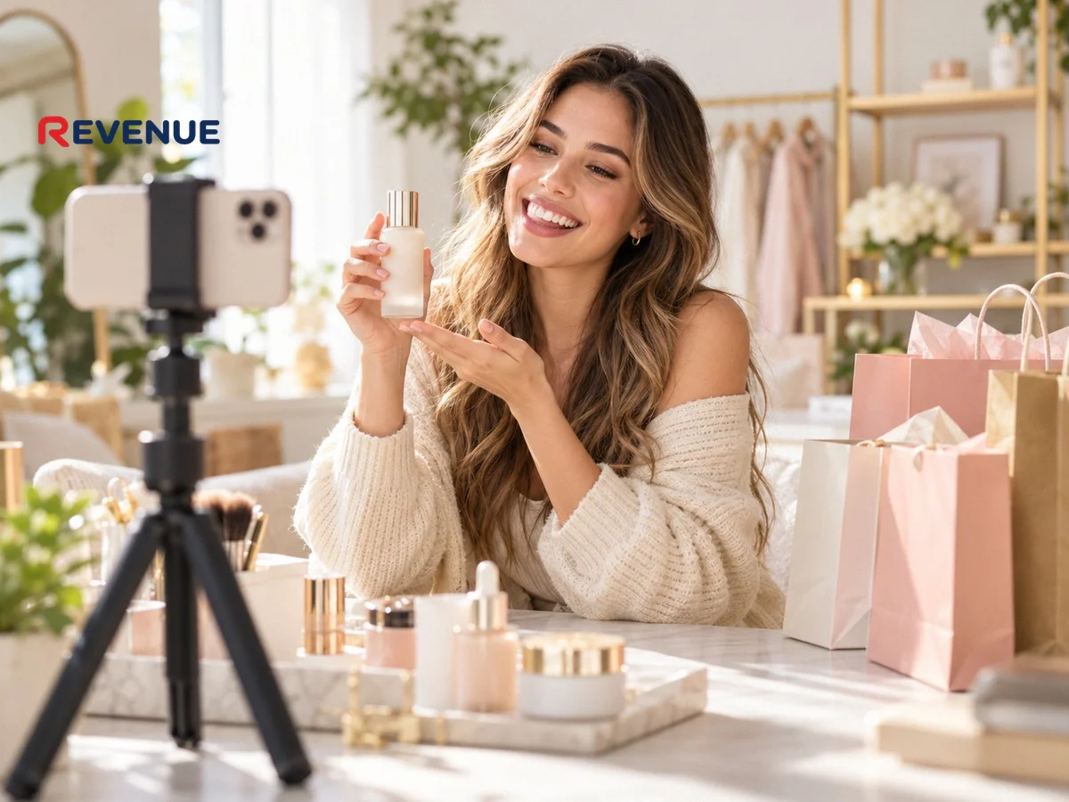 KOC quay video review mỹ phẩm trên tripod điện thoại trong studio tại nhà