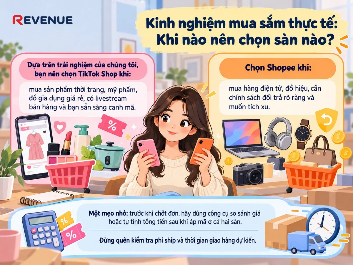 Kinh nghiệm mua sắm thực tế: Khi nào nên chọn sàn nào khi canh mã và tính tổng tiền sau khi áp mã