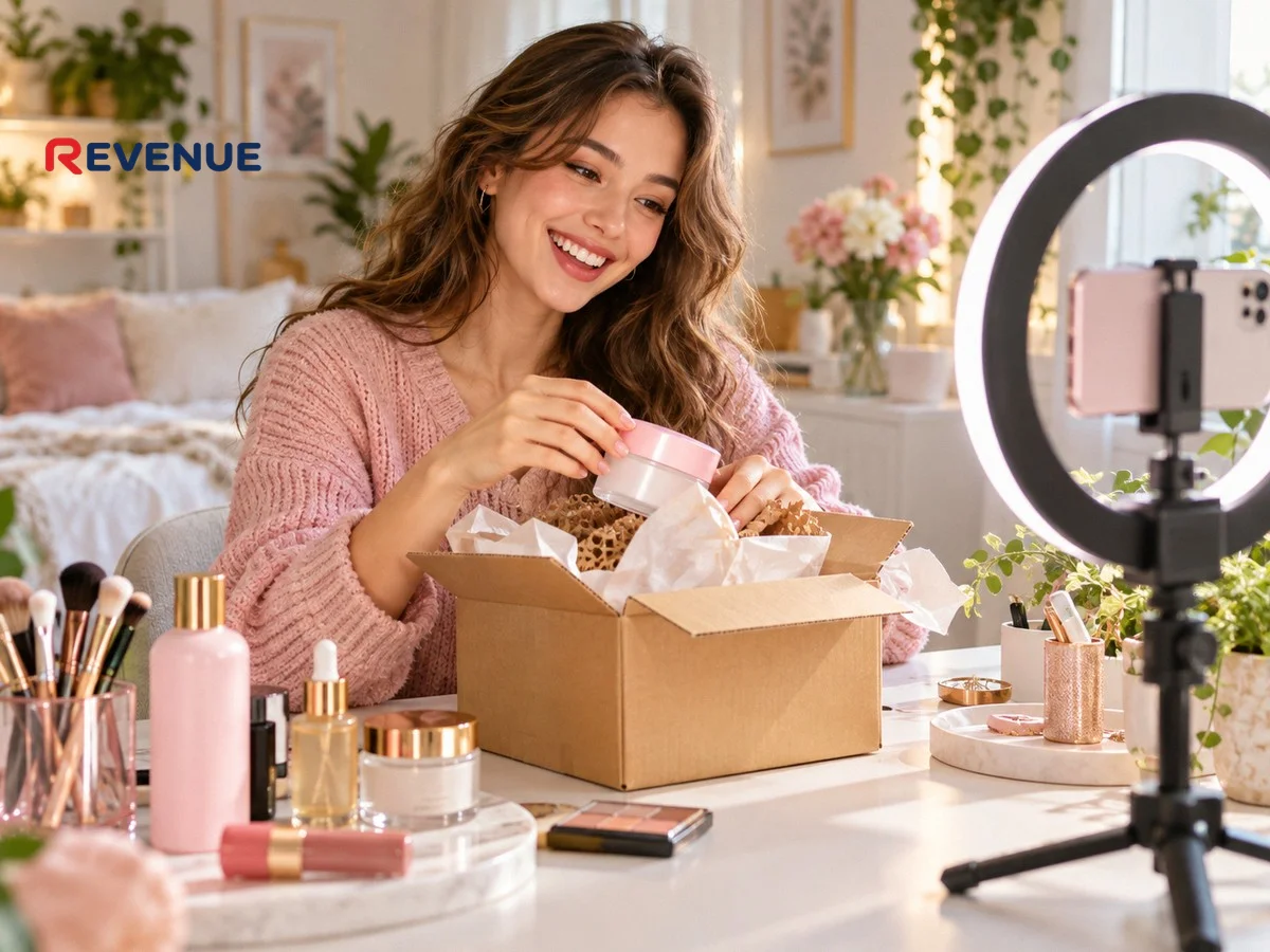 Cô gái trẻ mở hộp và quay video tại bàn làm việc với đèn ring light