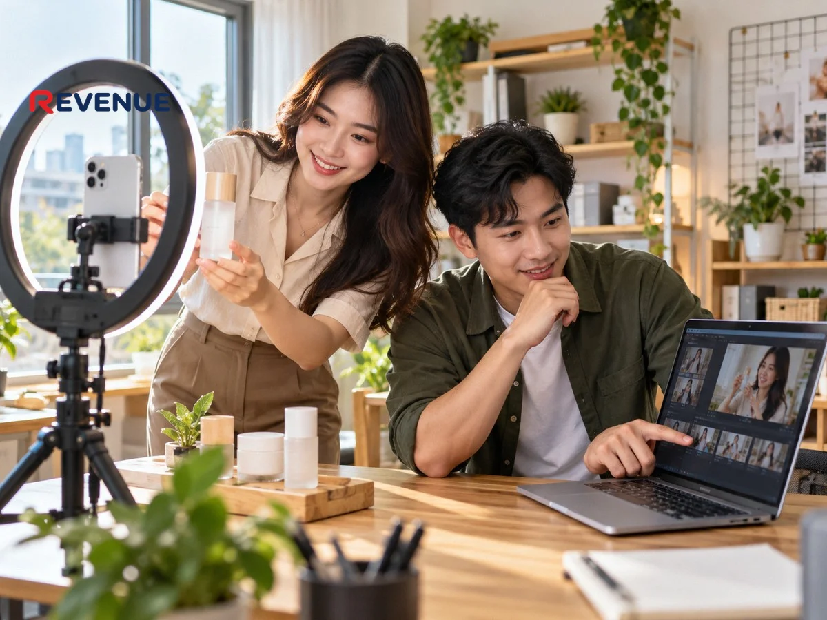 Hai marketer trẻ quay clip sản phẩm bằng điện thoại và đèn ring trong văn phòng nhỏ